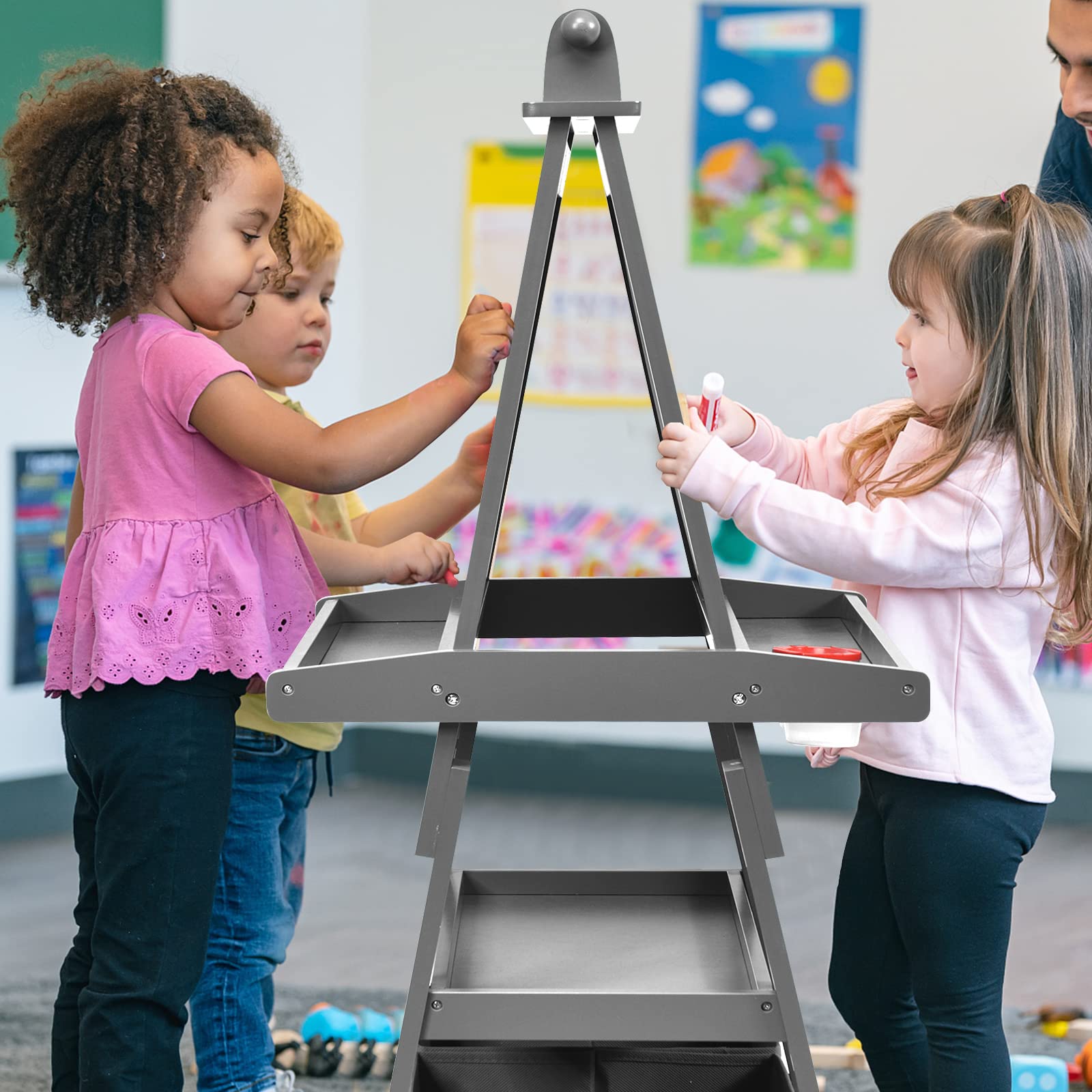 RELAX4LIFE 3 IN 1 Lavagna per Bambini, Cavalletto Pittura a Doppia Faccia, Lavagna Magnetica con Rotolo di Carta, Giocattolo Educativo 3+ Anni (Grigio)