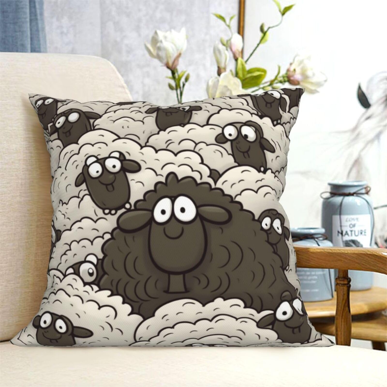 Fodpand Black Decorative Throw Pillow Covers 18"X18" Cartoon White Sheep Cushion Cases Square Modern Farmhouse Pillow Cases Soft Cozy Cushion Covers For Couch Sofa Bedroom Home Decor Pillowcase