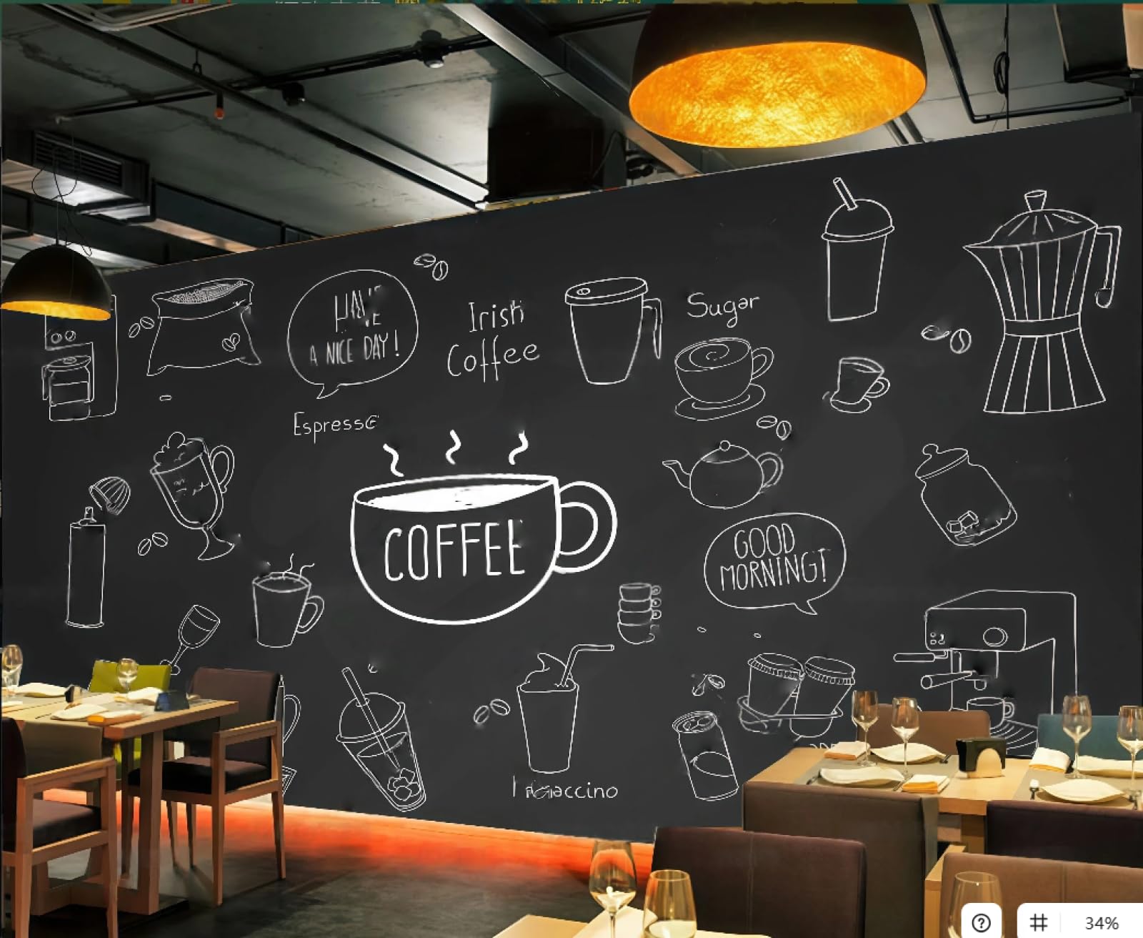 XDOUBAO Wallpaper Fashion Blackboard Hand-Painted Chalk Painting Drink Coffee Theme Afternoon Tea Western Restaurant Background Wallpaper Coffee Shop Mural,3D,300x210cm