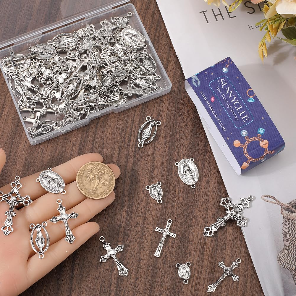 SUNNYCLUE Croix Crucifix En Argent 40 Pièces Chapelet Vintage De Pâques En Métal Ovale Liens Connecteurs En Alliage Pour Bijoux