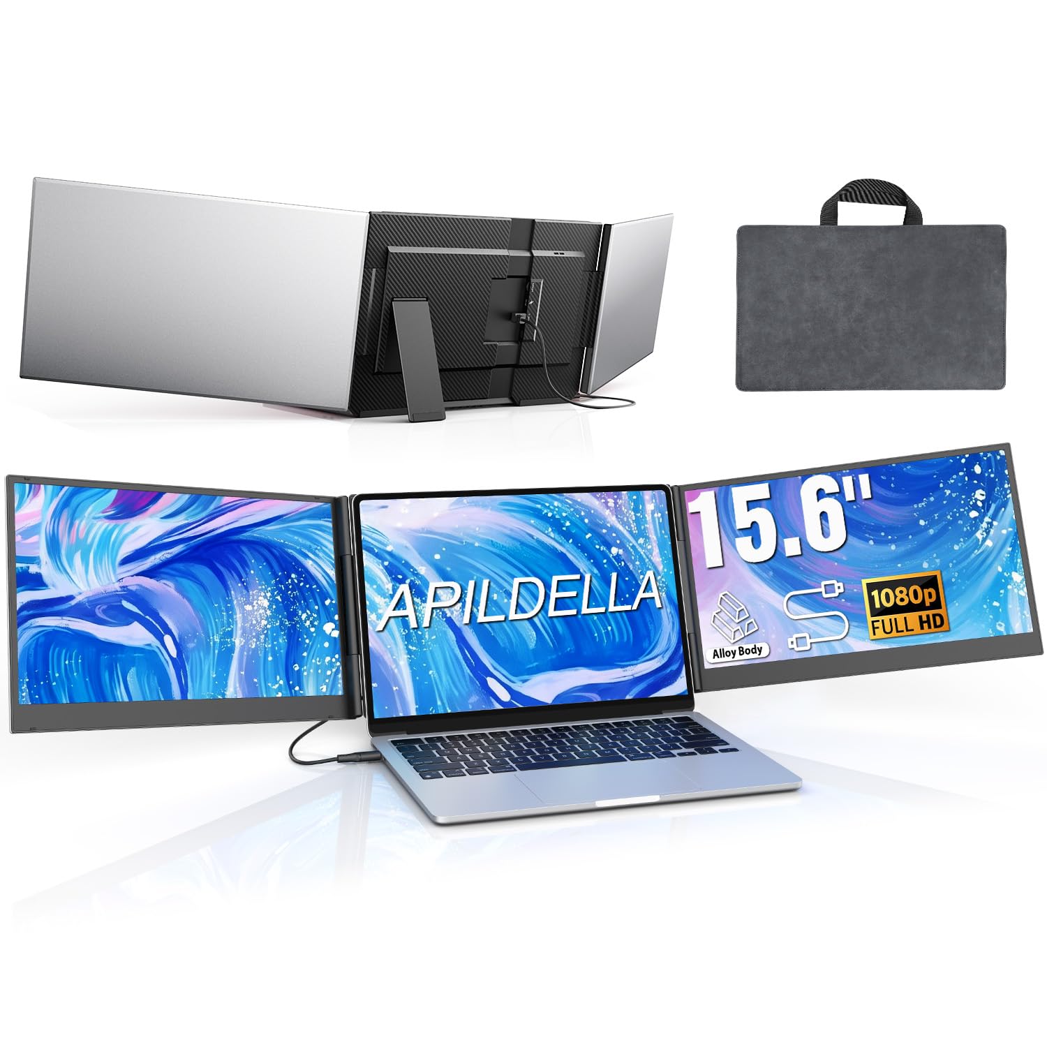 APILDELLA 15.6" Triple Laptop Screen Extender One Cable, 1080P FHD Portable Dual Monitor, Ultra-Slim Travel Monitor Extender for Triple Display on Mac/Windows, Fits 13"-17.3" Laptops（Driver Required）