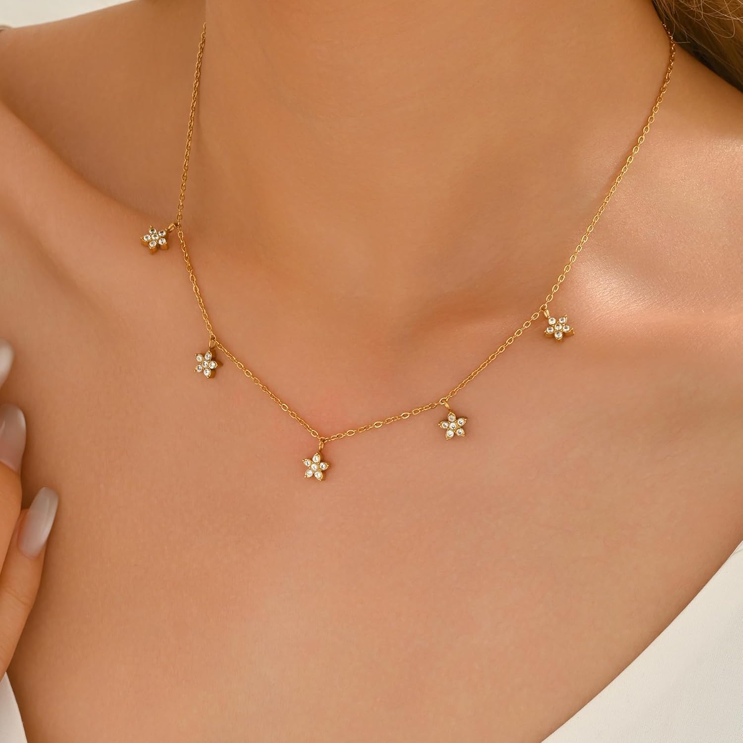 18K Gold Plated Simulated Diamond Pendant Necklaces for Women Dainty Gold Circle Cubic Zirconia Star Station Choker Necklace Trendy Non Tarnish Wedding Prom Brides Jewelry Gifts - Image 3