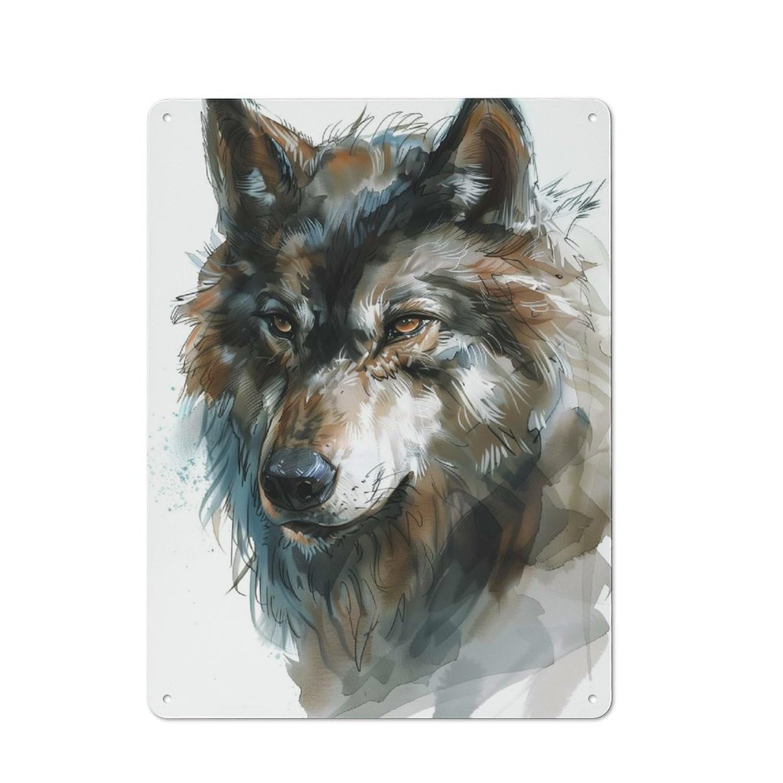 Wolf Watercolor Portrait Vintage Metal Wall Decor 40x30cm, Garage Metal Sign for Workshop, Basement, Shed Or Games Room
