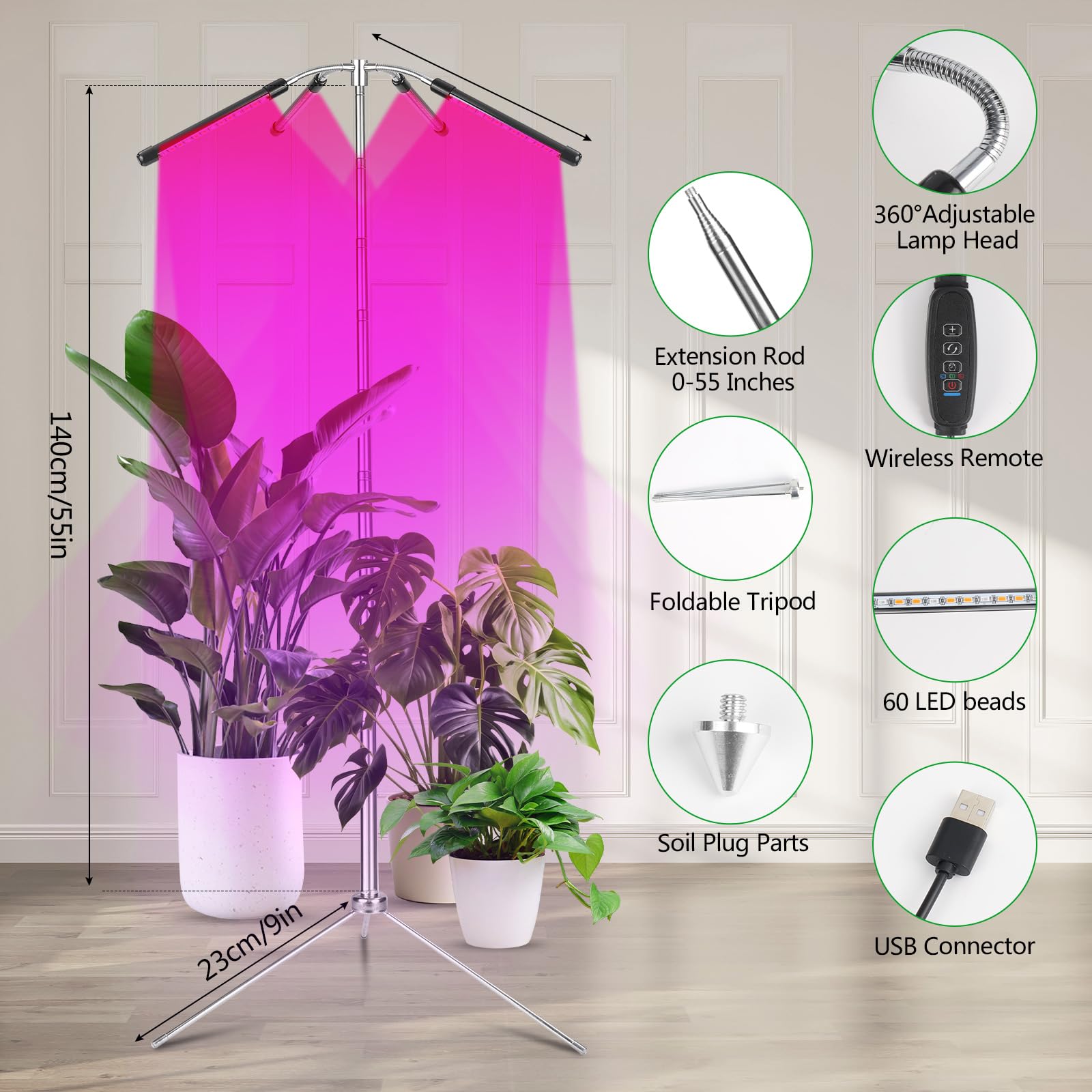 Lampade per Piante Indoor, Lampada Crescente Spettro Completo 4 Heads, Luce per Piante Con Treppiede, Luce LED Coltivazione Indoor Con Timer, 3 Modalità E 9 Regolazioni Di Luminosità