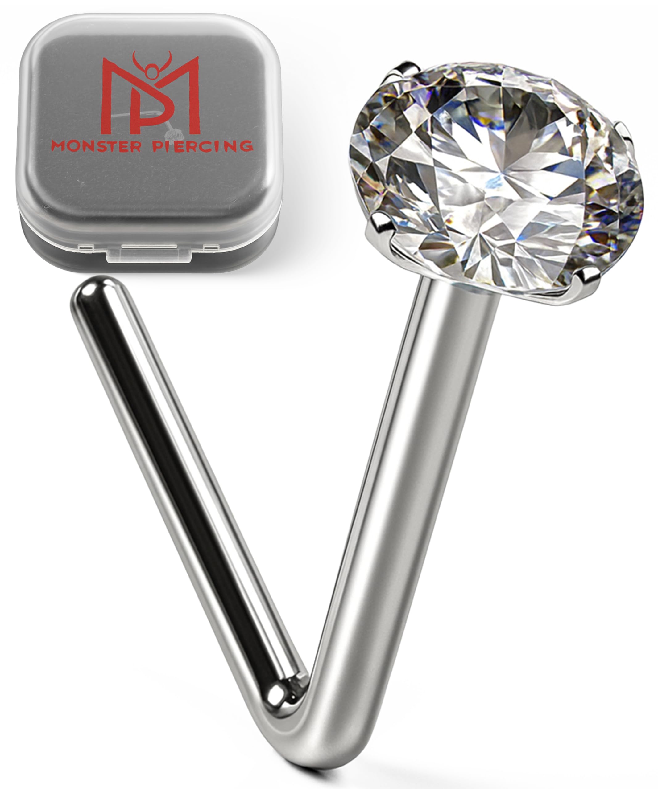 Monster Piercing - Perno/Stud de Nariz con Punto de Luz. Palo en Ángulo. Oro Blanco de 9 Quilates. Piedra: Circonita Blanca Redonda. Calibre: 22G (0,6 mm). Longitud del Perno: 8mm. Hipoalergénico