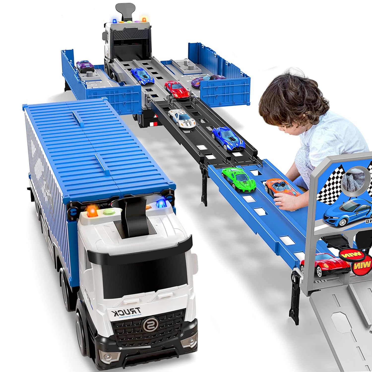 AquaFalcon Truck Race Track Toddlers Toys, Foldable 3 Layer Car Race ...