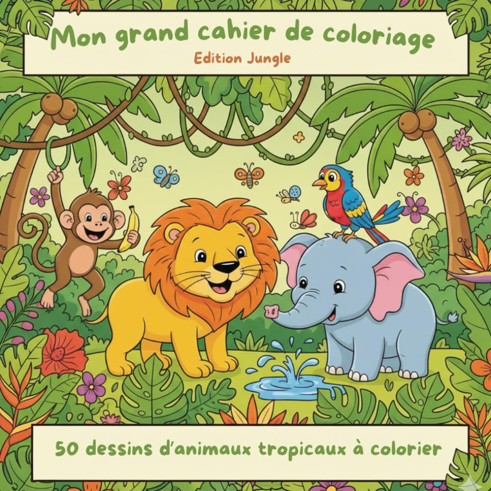 Mon Grand Cahier de Coloriage – Jungle: 50 dessins d’animaux tropicaux à colorier – Livre d’activités créatif pour garçons et filles de 4 à 8 ans