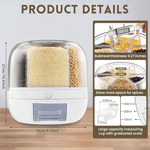 Miniatura 6 de Dispensador de contenedores de almacenamiento de granos, dispensador de arroz giratorio de 6 rejillas, dispensador de alimentos giratorio de 360,