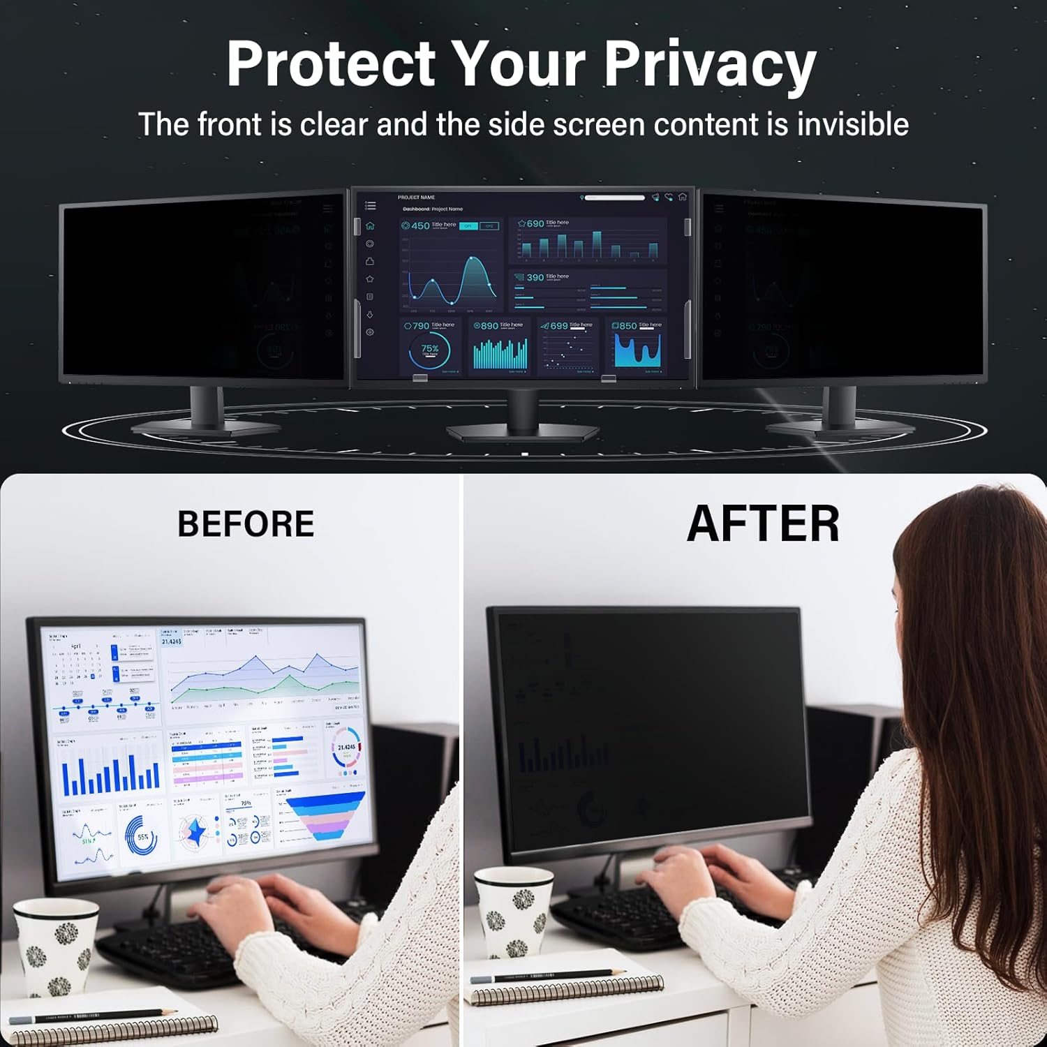 2 Pack Monitor Privacy Screen 24 Inch 16:9 Aspect Ratio 24in Computer Screen Privacy Shield Blue light Blocker Anti-glare Eye Strain Filter, Removable Anti Spy Film Desktop Security Private Cover