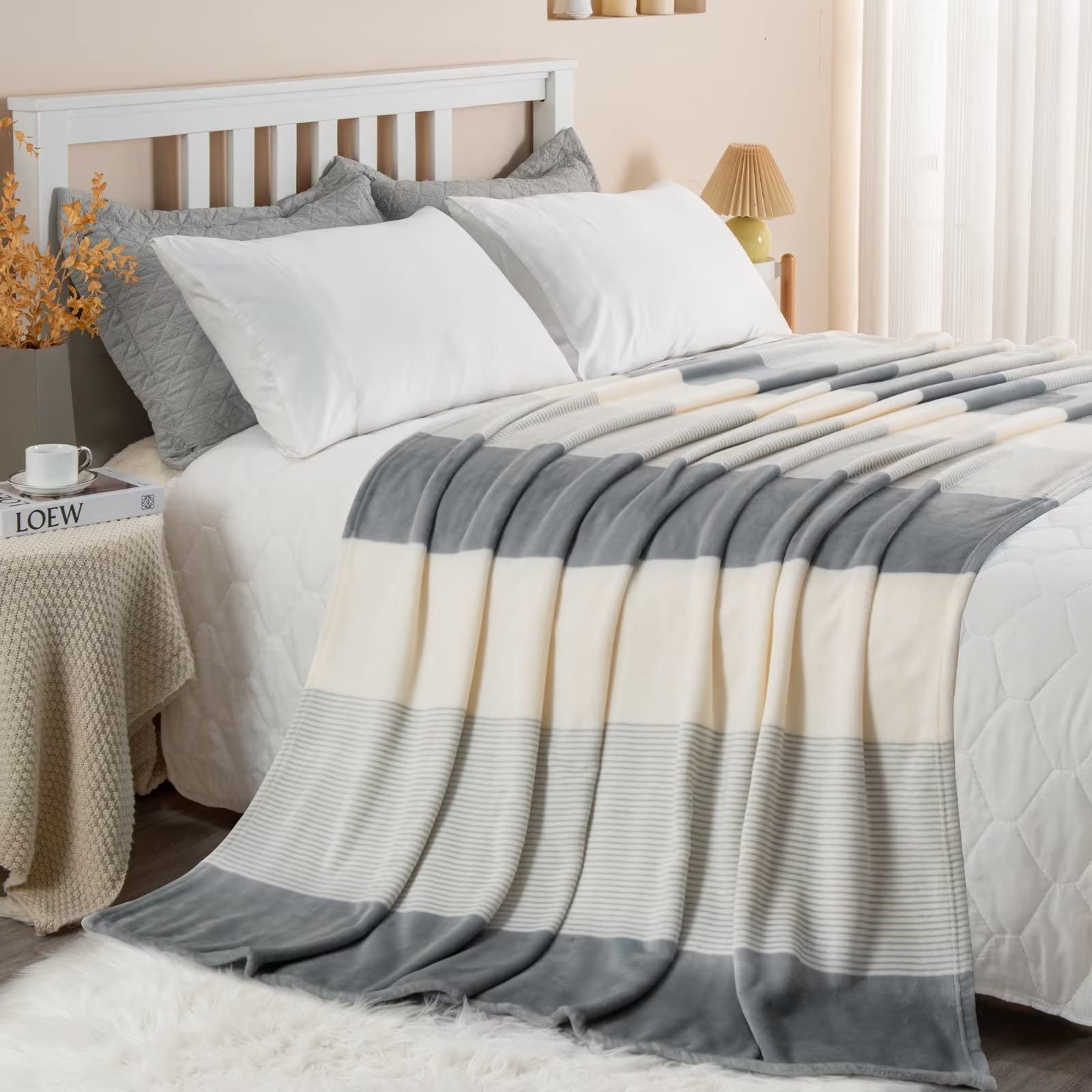 Homelike Moment Fleece Throw Blanket for Couch Grey 50x60, Soft Cozy Grey White Striped Flannel Blankets for Sofa Bed Warm Lightweight (Bluish Gray, 50x60 Inches)