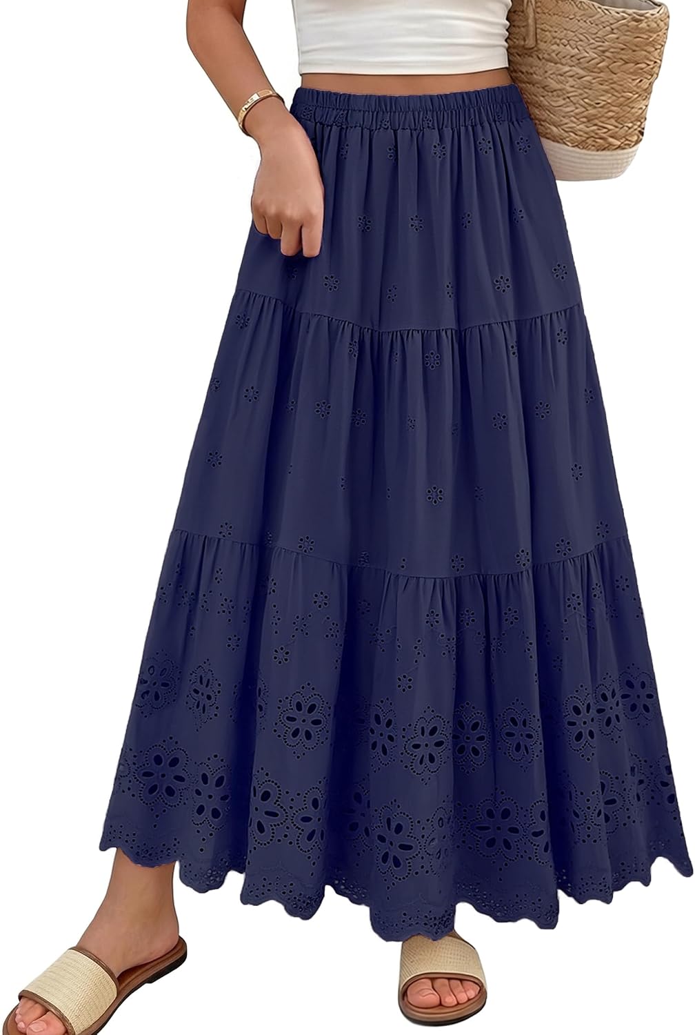 Mansy Women's Boho Eyelet Embroidery Maxi Skirt, 100% Cotton Elastic High Waist A-Line Summer Casual Beach Long Skirt