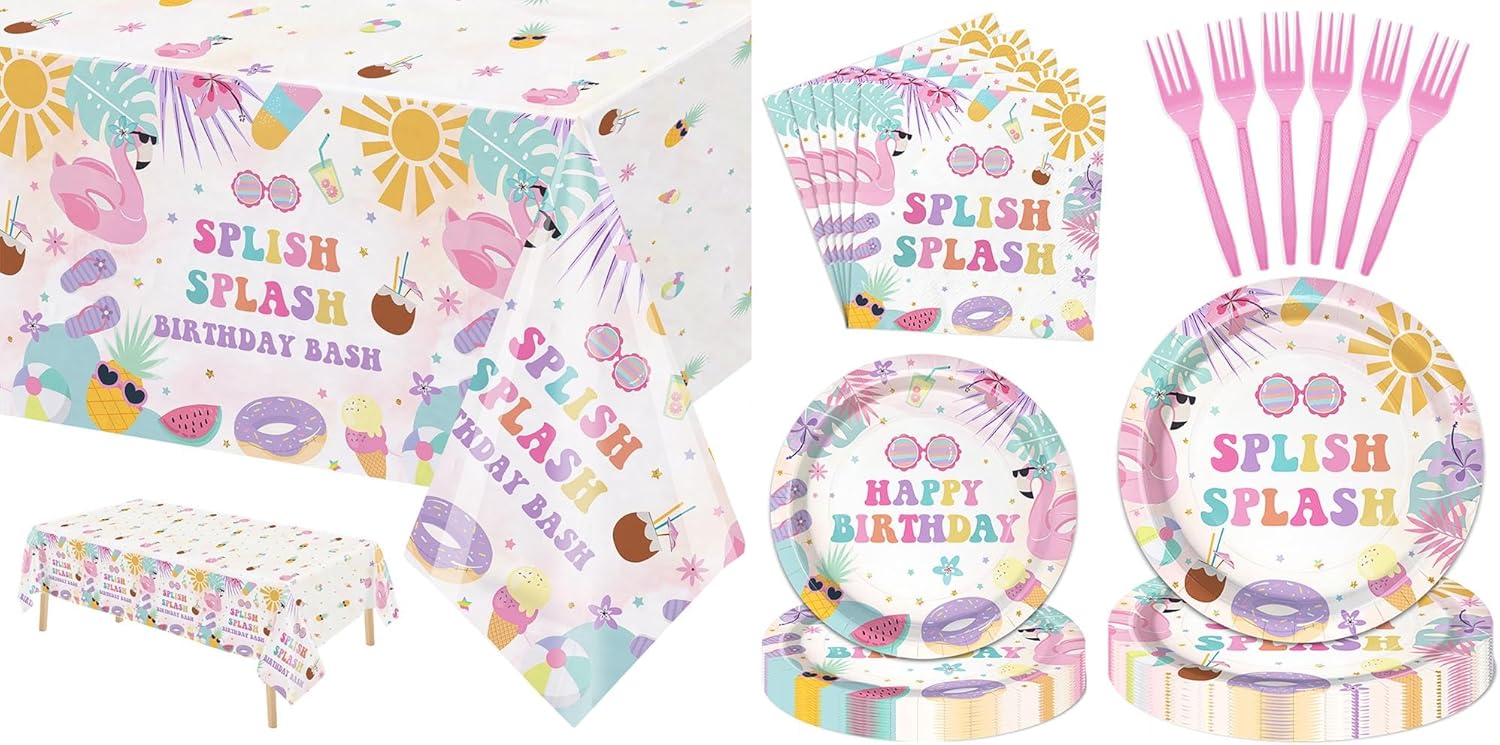 MEHOFOND 96pcs Pink Splish Splash Birthday Decorations for Girls, with 4 Pack Splish Splash Birthday Disposable Tablecloths