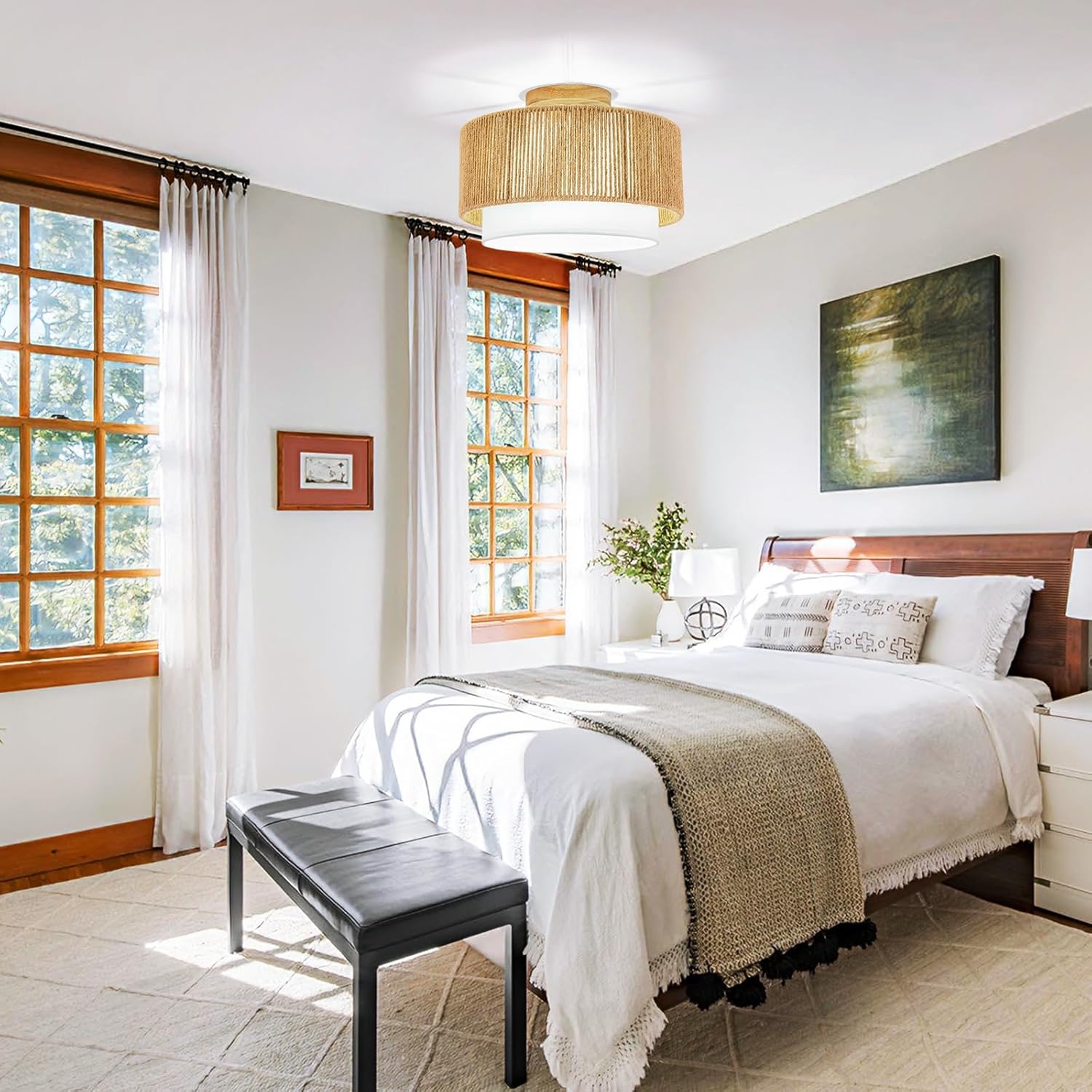 SineRise 12'' Rattan Flush Mount Ceiling Light Fixture,2-Tier Drum Hand-Woven Boho Flush Mount Ceiling Light,Farmhouse Light Fixture for Living Room,Kitchen,Bedroom Foyer Entryway ect.