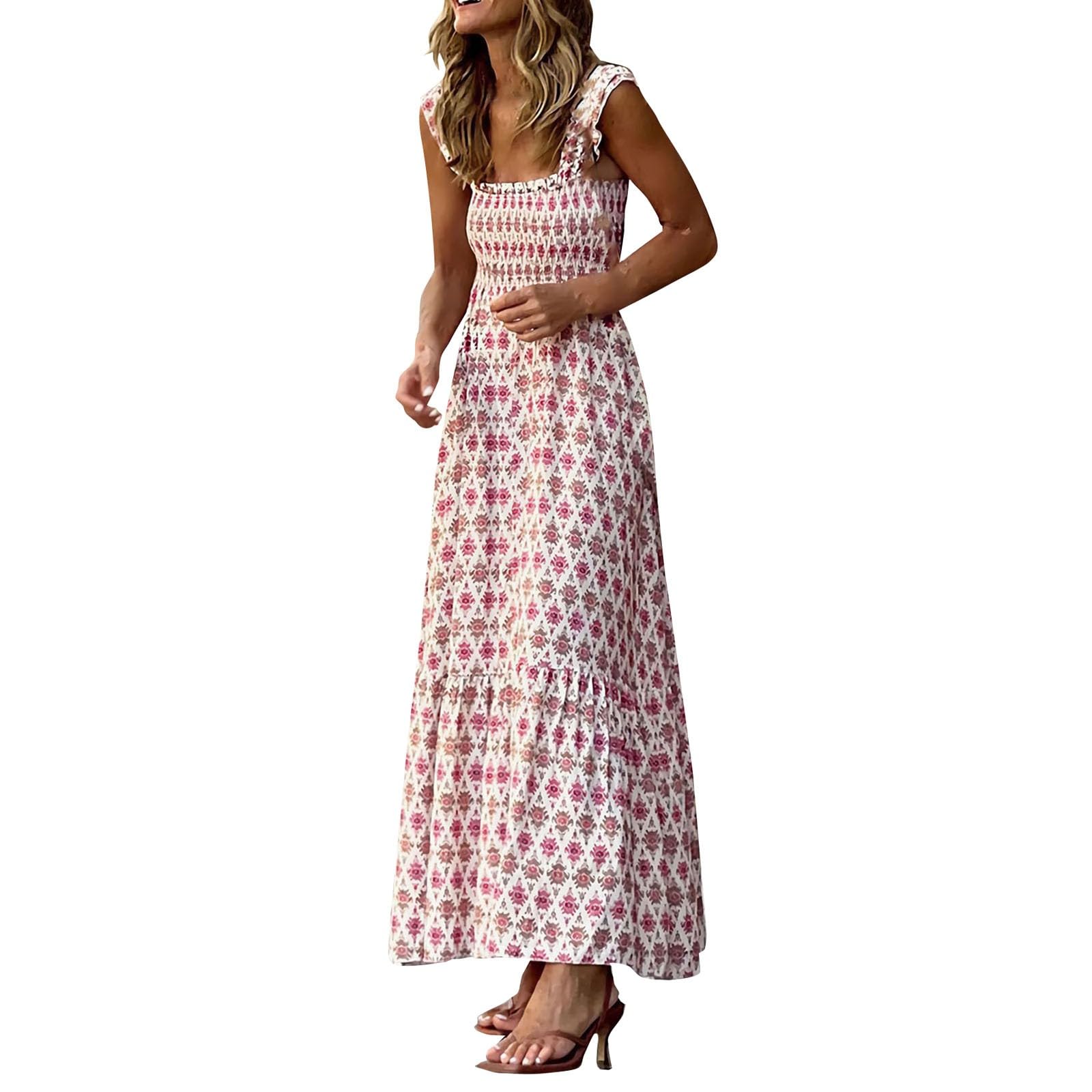 Abito estivo da donna, lungo, per il tempo libero, leggero e arioso, con motivo floreale, elegante e incantevole, con scollo quadrato, abito da spiaggia con spalline