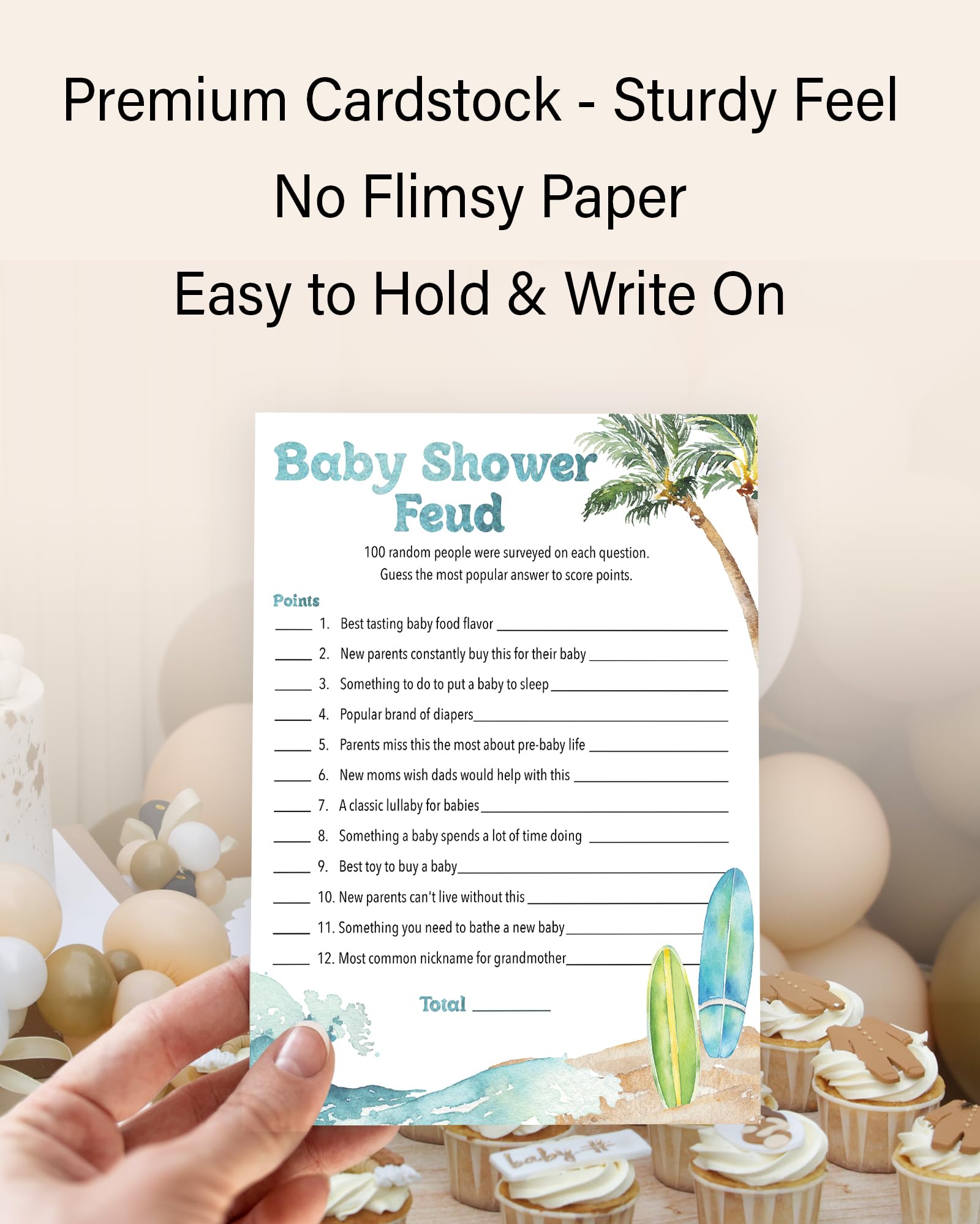 Gioco Baby Shower A Tema Surf Beach – 25 Carte FEUD Con Istruzioni – Roseum Collections