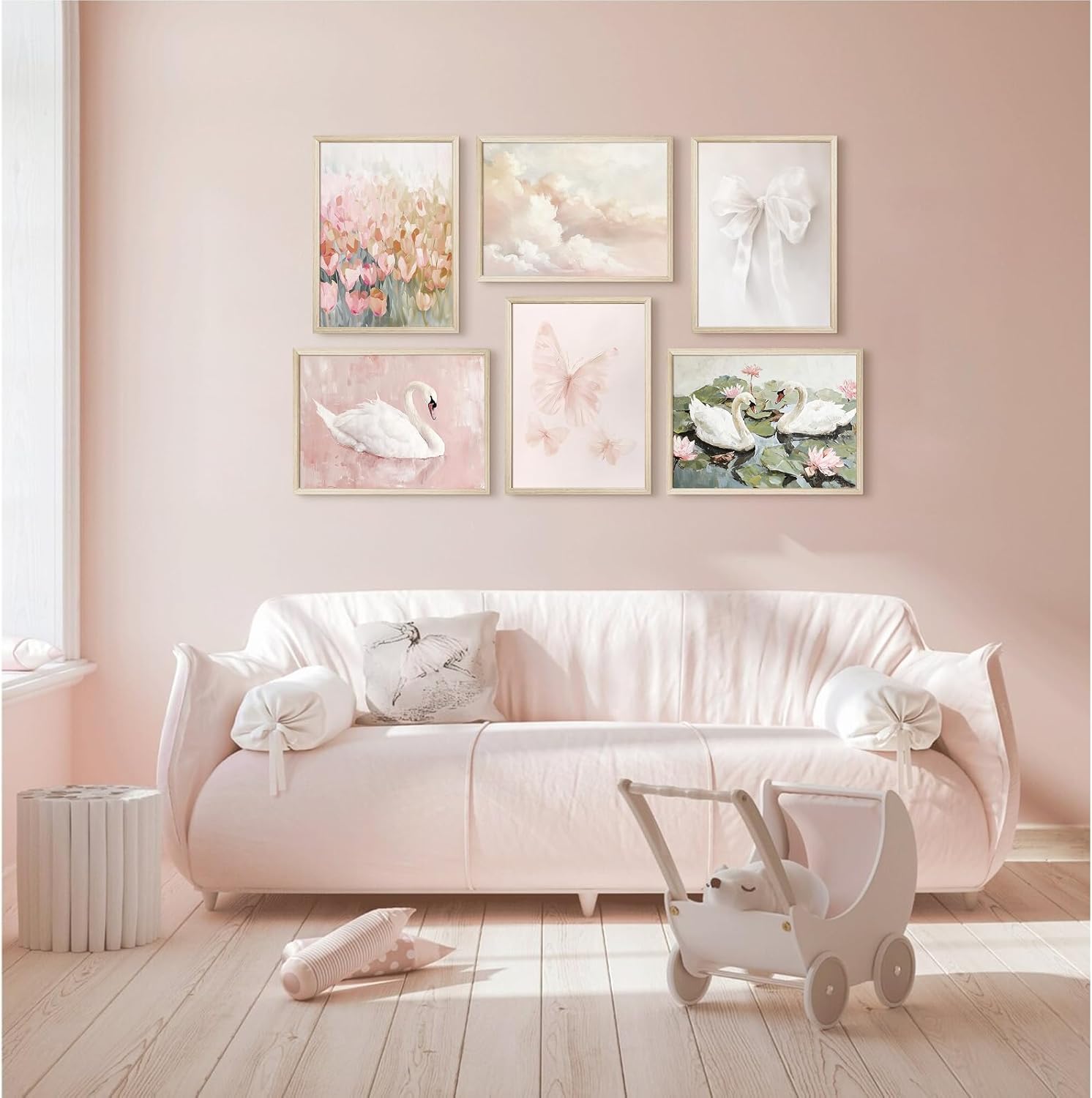 Coquette Pink Wall Art Decor Aesthetic Swan Posters Bow Flower Canvas Wall Art Preppy Cute Pictures Trendy Butterfly Posters Coquette Aesthetic Prints for Girl Dorm Bedroom 12x16x6 Inch Wood Framed