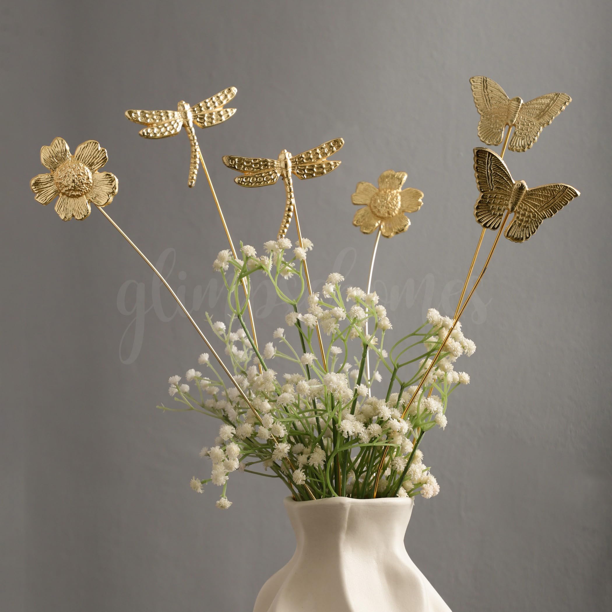 Glimpse Homes Golden Fluttering Blooms Metal Sticks | 18 inch Vase Fillers | Set of 6 (2 Dragonfly + 2 Butterfly + 2 Flower)