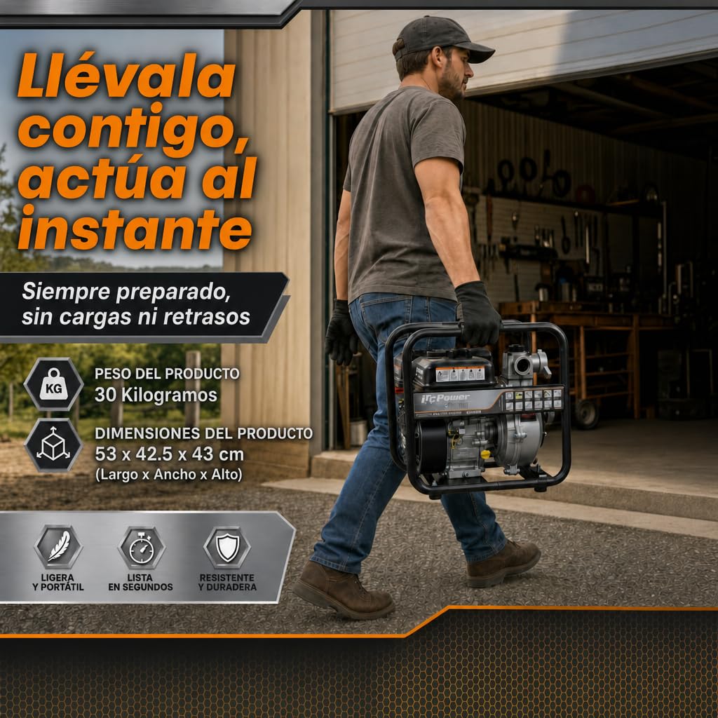 ITCPower GPH50 Motobomba de Gasolina Alta Presión 7 CV – Bomba de Agua 2" (50 mm), 500 L/min, Altura Máx. 65 m, Motor 200 cc para Riego, Trasvase y Uso Agrícola