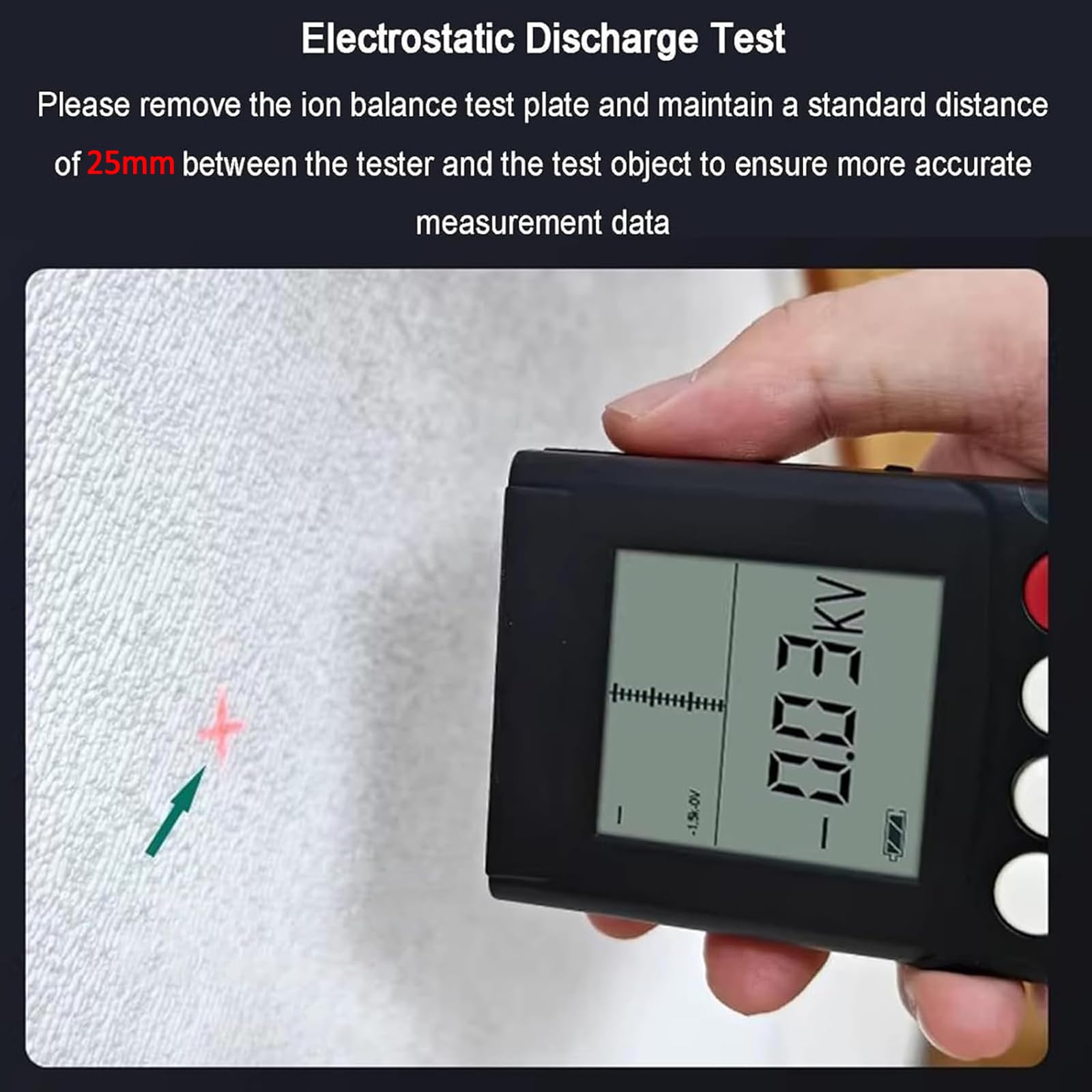 Ręczny tester elektrostatyczny, miernik pola elektrostatycznego 0-22 kV, odległość testowa 25 mm, tester równowagi jonowej z alarmem dźwiękowym, do tekstyliów, włókien, papieru, gumy, tworzywa