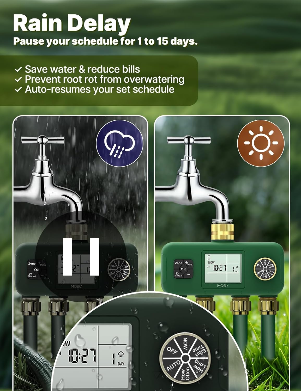MOES 4 Zone Water Timer for Garden Hose, Heavy Duty Solid Brass Inlet & Outlets, Programmable Sprinkler Timer Battery Operated, 4 Way Faucet Valve with Sequential Watering (Non-WiFi)
