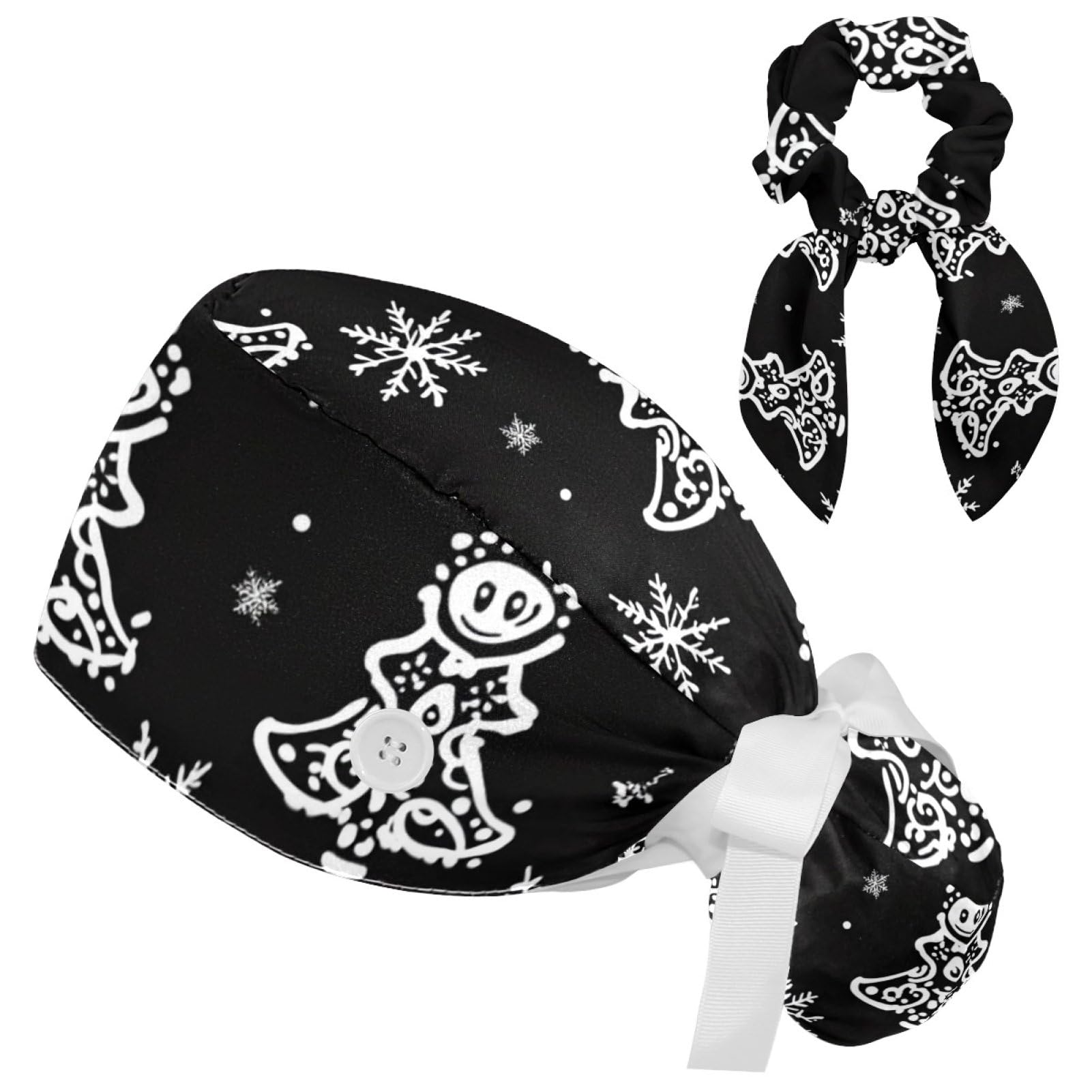 Adjustable Winter Blue Snowflake Surgical Scrub Cap with Button, Ponytail Pouch, Sweatband for Women with Bow Hair Scrunchy