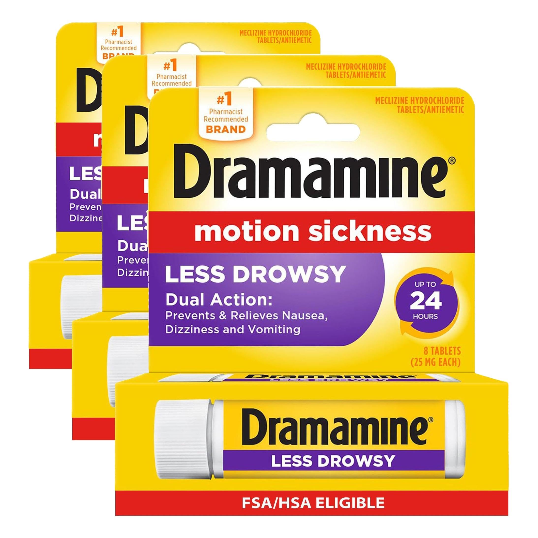Dramamine Less Drowsy Motion Sickness Relief Travel Vial, 8 Count (Pack of 3) | Prevents Nausea & Dizziness for 24 Hours - main product image