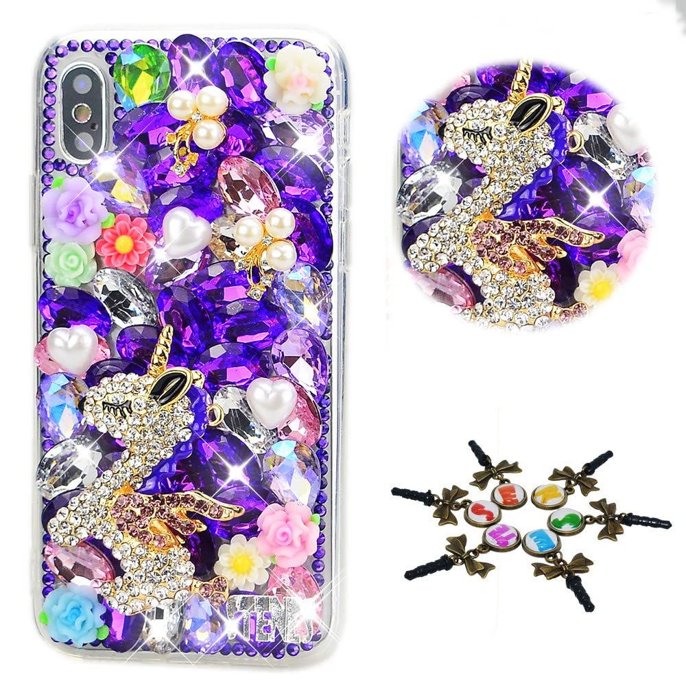 STENES Sparkle Case Compatible with T-Mobile REVVL 7 5G Case - STYLISH - 3D Handmade Bling Unicon Flowers Rhinestone Crystal Diamond Design Girls Women Cover - Purple