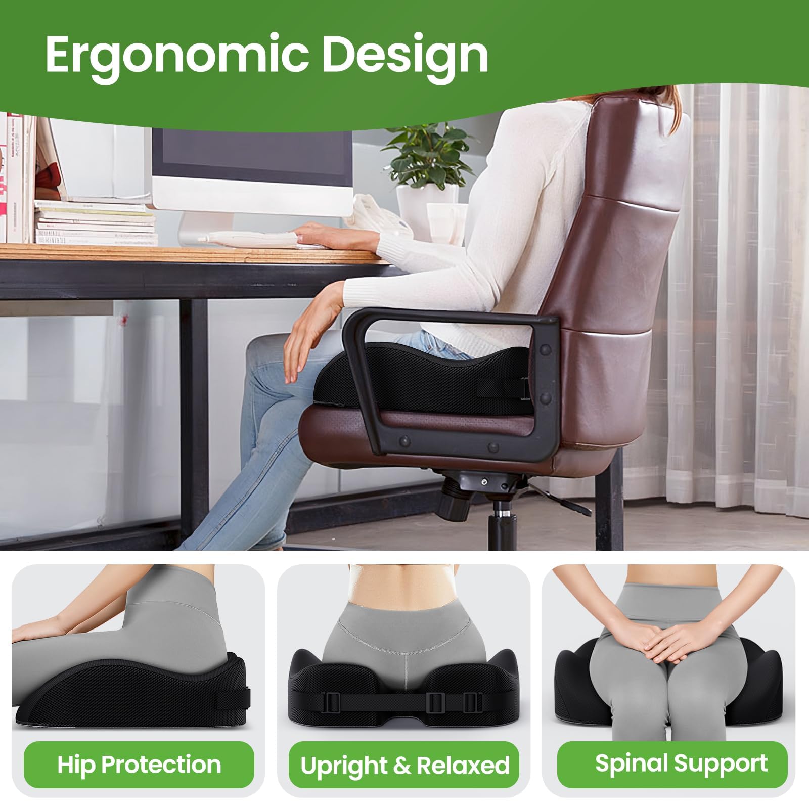 Benazcap Cuscino Ergonomico Sedia Ufficio, Cuscino di Seduta Ortopedico per Alleviare la Pressione di Coccige, Sciatica, Cuscino di Seduta in Memory per Sedia a Rotelle, Sedile Auto