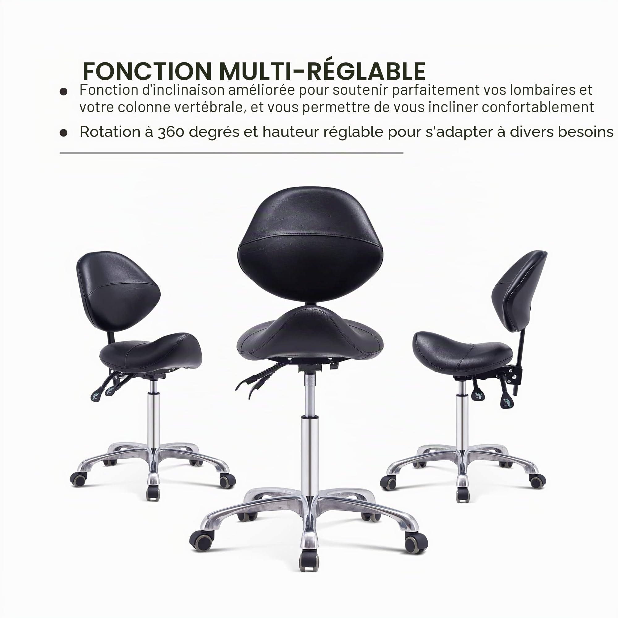 Ergonomique Tabouret de Chaise de Selle avec Support arrière, Tabouret pivotant à Hauteur réglable avec Roues