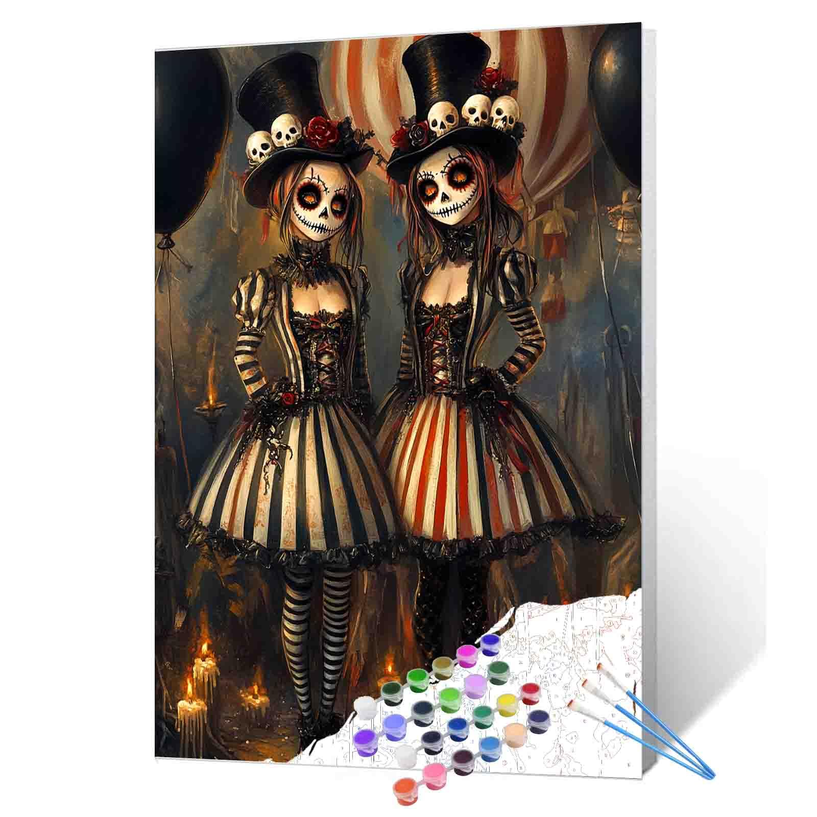 Skeleton Makeup Girls DIY Paint by Numbers for Adults Day of The Dead Pictures Circus Paint by Number Kit on Canvas for Beginners Paintwork Crafts Home Wall Decor Gifts 16"x20" (Frameless）