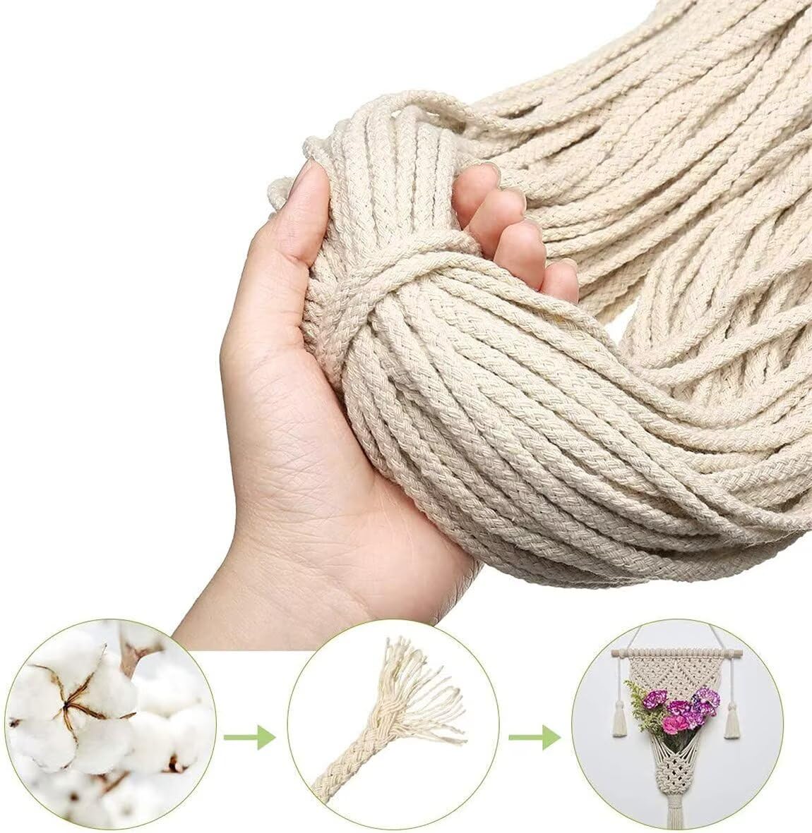 Cuerda de macramé de 5 mm x 89,9 m, cuerda de algodón natural de 8 hebras trenzada para manualidades, hilo de tejer para colgar en la pared y manualidades (GGB)