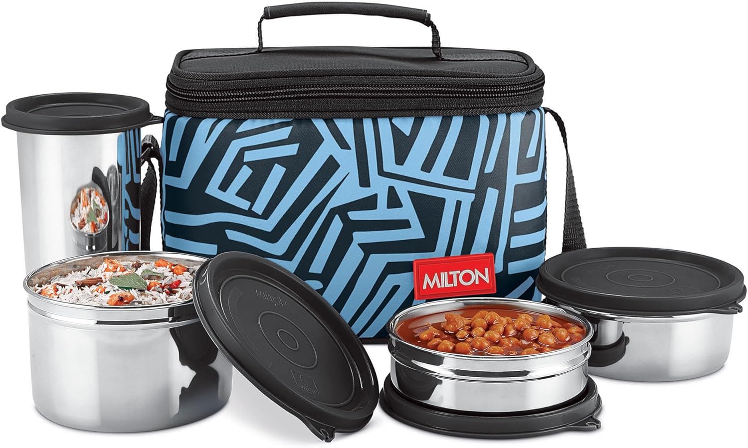 MILTON Delicious Lunch Box with Insulated Fabric Jacket, 3 Stainless Steel Containers 210 ml, 340 ml, 500 ml &Tumbler 380 ml, Leak-Proof Tiffin for Office, College, Picnic, Black