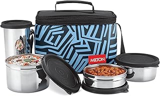 MILTON Delicious Lunch Box with Insulated Fabric Jacket, 3 Stainless Steel Containers 210 ml, 340 ml, 500 ml &Tumbler 380 ml, Leak-Proof Tiffin for Office, College, Picnic, Black
