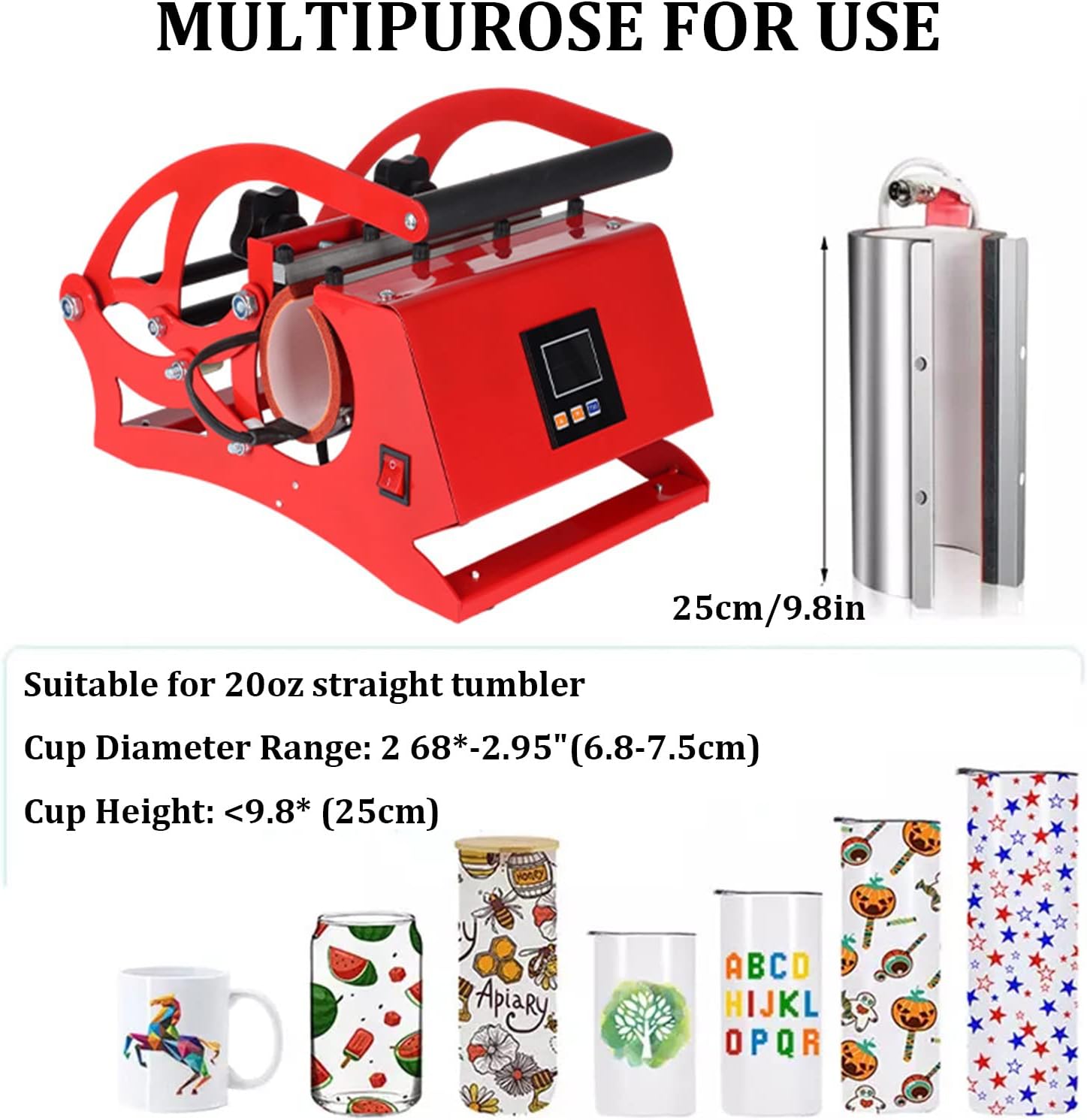 20oz Tumbler Heat Press Machine, Cup Heat Press DIY Sublimation for 11oz/15oz/16oz/20oz Straight Skinny Sublimation Tumblers Mugs Heat Transfer Print (red) (H-10)
