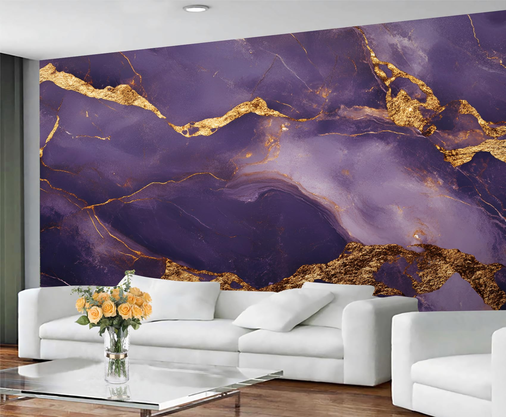 YXQAIED Marble Wallpaper, Vintage Dark Purple Wallpaper for Living Room, Gold Stripes Bedroom Wall Paper, Not Self Adhesive Luxury Marble 3D Large Mural & Home Decor Poster, 300x210cm
