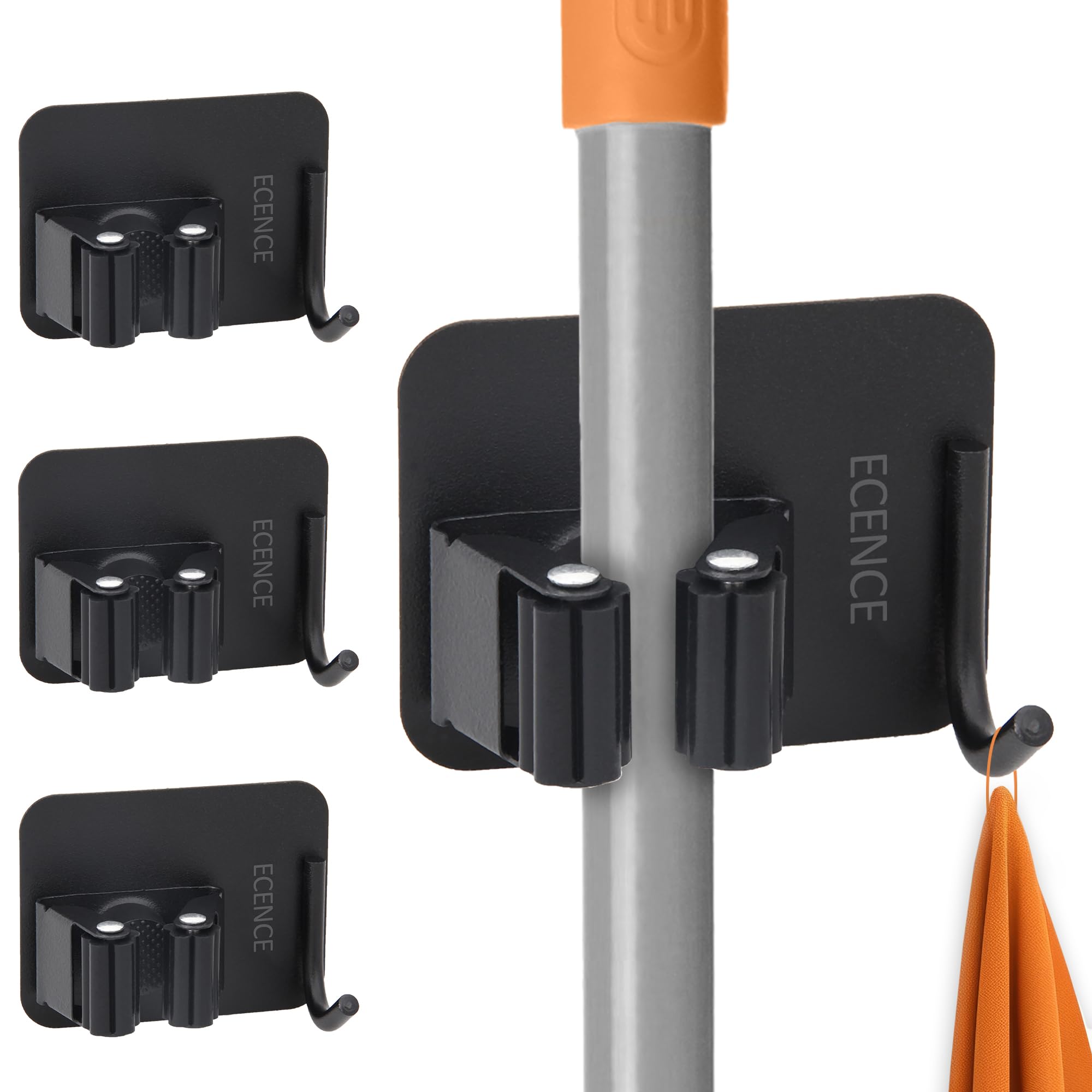 ECENCE Soporte Escobas Pared 4 Piezas, Colgador Escobas de acero adhesivo con ganchos Negro para escobero y fregonas recogedores, utensilios de cocina y jardín