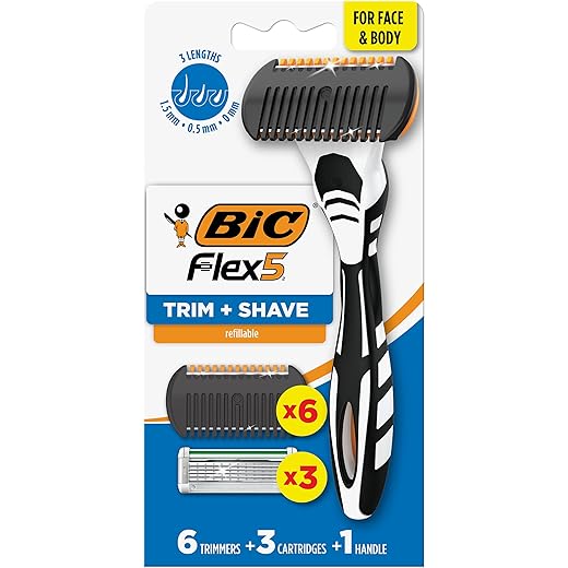 BIC Flex 5 Trim and Shave Body and Beard Trimmer for Men, 5 Blades, 3-in-1 Grooming Kit, 1 Handle, 3 Razor Refills, 6 Trimmers, No Batteries Needed
