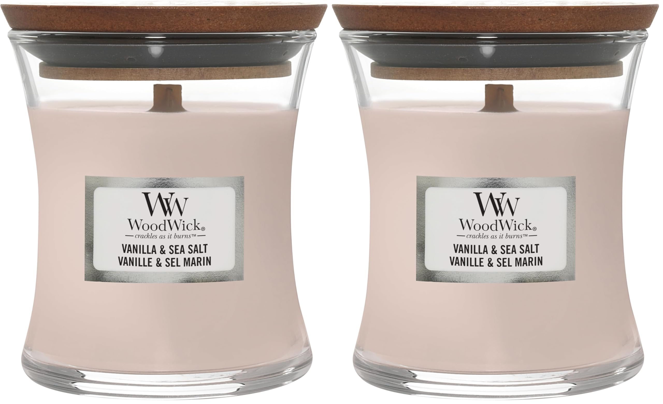 WoodWick Candela profumata Hourglass media con stoppino crepitante | Vaniglia e sale marino | Durata della fragranza: fino a 20 ore (Confezione da 2)