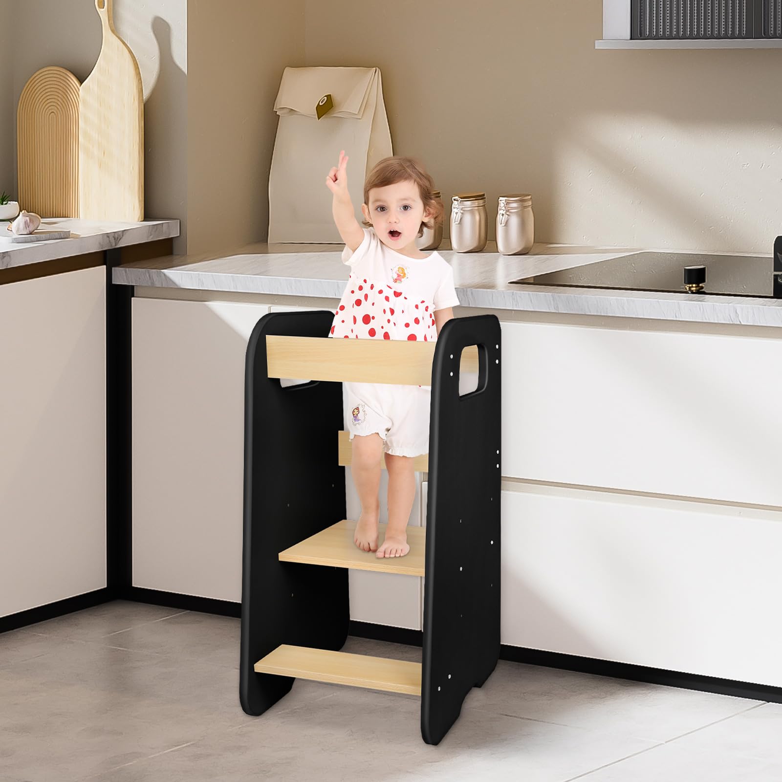 Torre de aprendizaje plegable de madera, 3 niveles ajustables, negro y natural, mango giratorio 88 x 45 x 45 cm (negro - C)