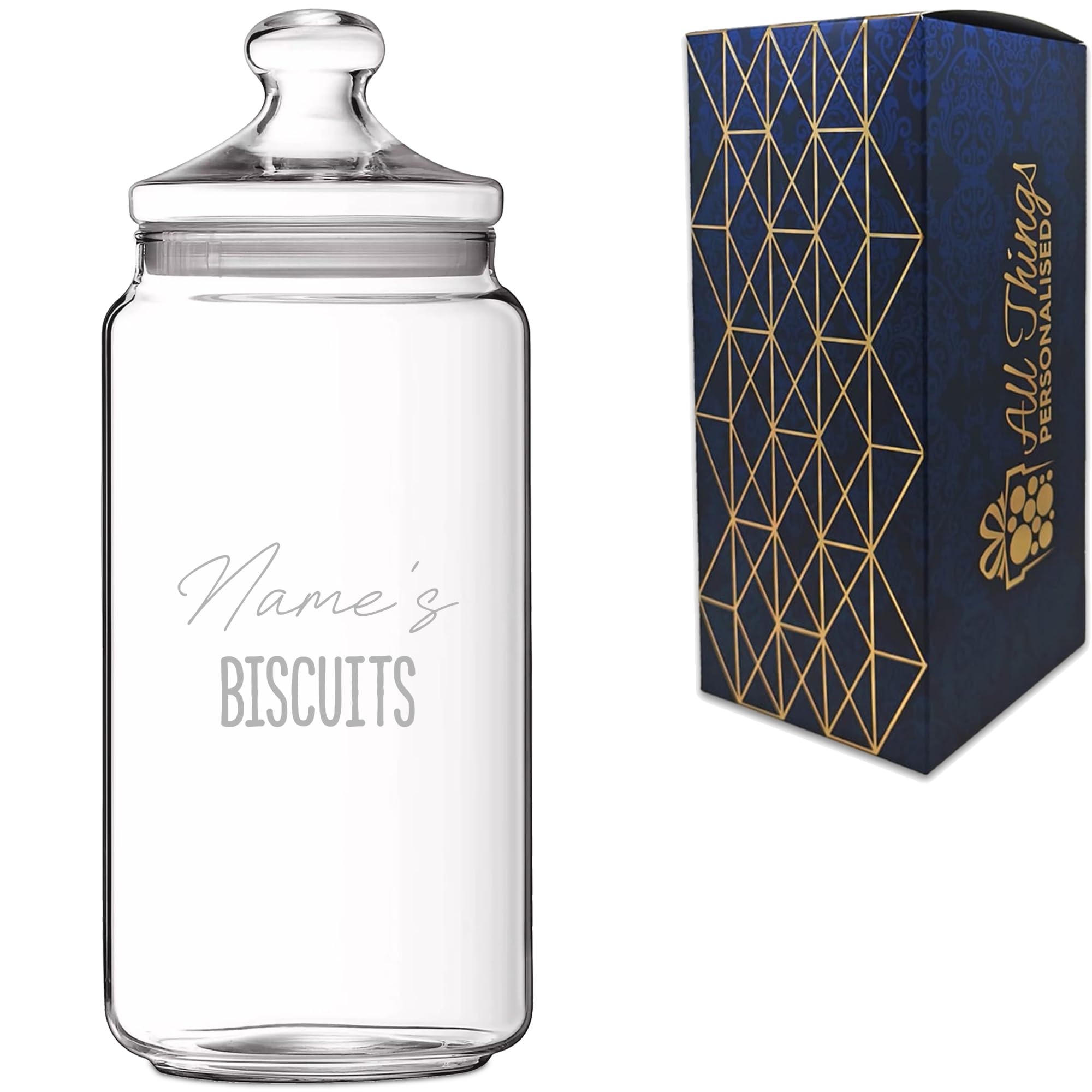 Personalised 1.5 Litre Glass Sweet Jar with Name's Biscuits Design, Custom Laser Engraved Treat Jar with Lid, Personalised Gift for Birthdays, Christmas or Retirements, Gift Box Included