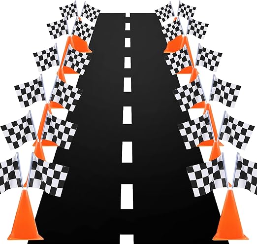 7inch Orange Racing Traffic Cones With Holes on Top,Checkered Flags,Racetrack Floor Runner,Race Car Birthday Party Decorations,Table Centerpiece Supplies 38PCS Set