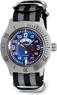 VOSTOK | Komandirskie K-35 Automatic Self-Winding Russian Military Wrist Watch | 24 Hr Day-Night Indicator | WR 100m | Fashion | Business | Casual Mens Watches | Model 350753 Black-Gray Strap