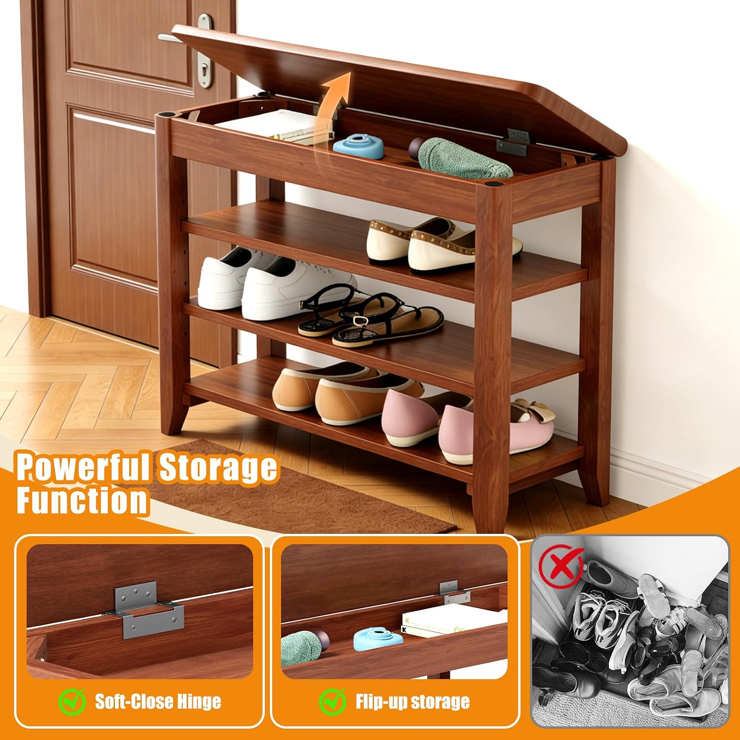 31.5'' Solid Wood Shoe Storage Bench, 550 LBS Capacity Flip-Up Seat, 9-Pair Console Shoe Rack with 3-Tier Adjustable Shelves for Entryway, Hallway, Closet, Foyer, Walnut