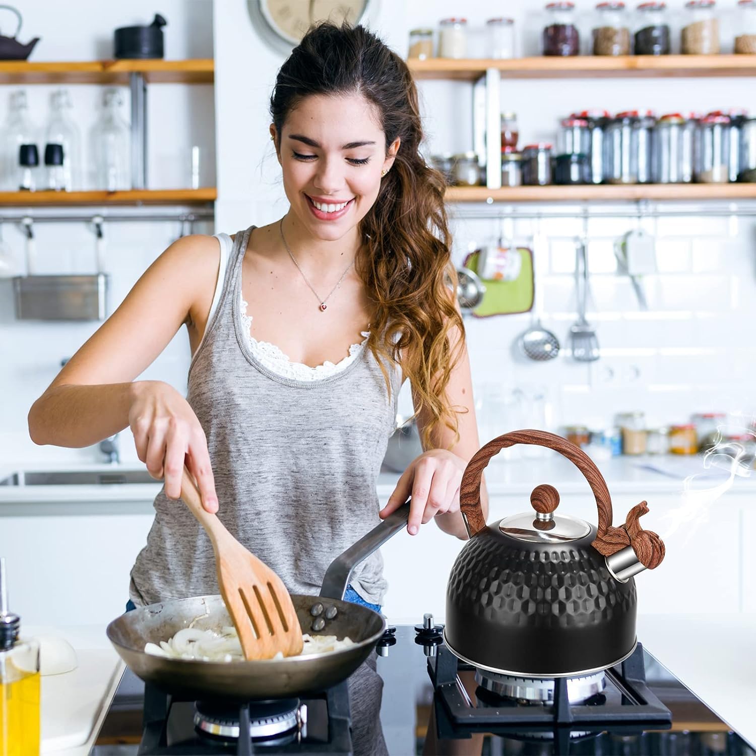 Tea Pot Stovetop, 85 OZ / 2.5 L Whistling Tea Kettle for Stove Top, Food Grade Stainless Steel Water Kettle with Wood Pattern Handle for Coffee/Tea/Milk etc, Kettle Pot Gas Electric Applicable (Black)