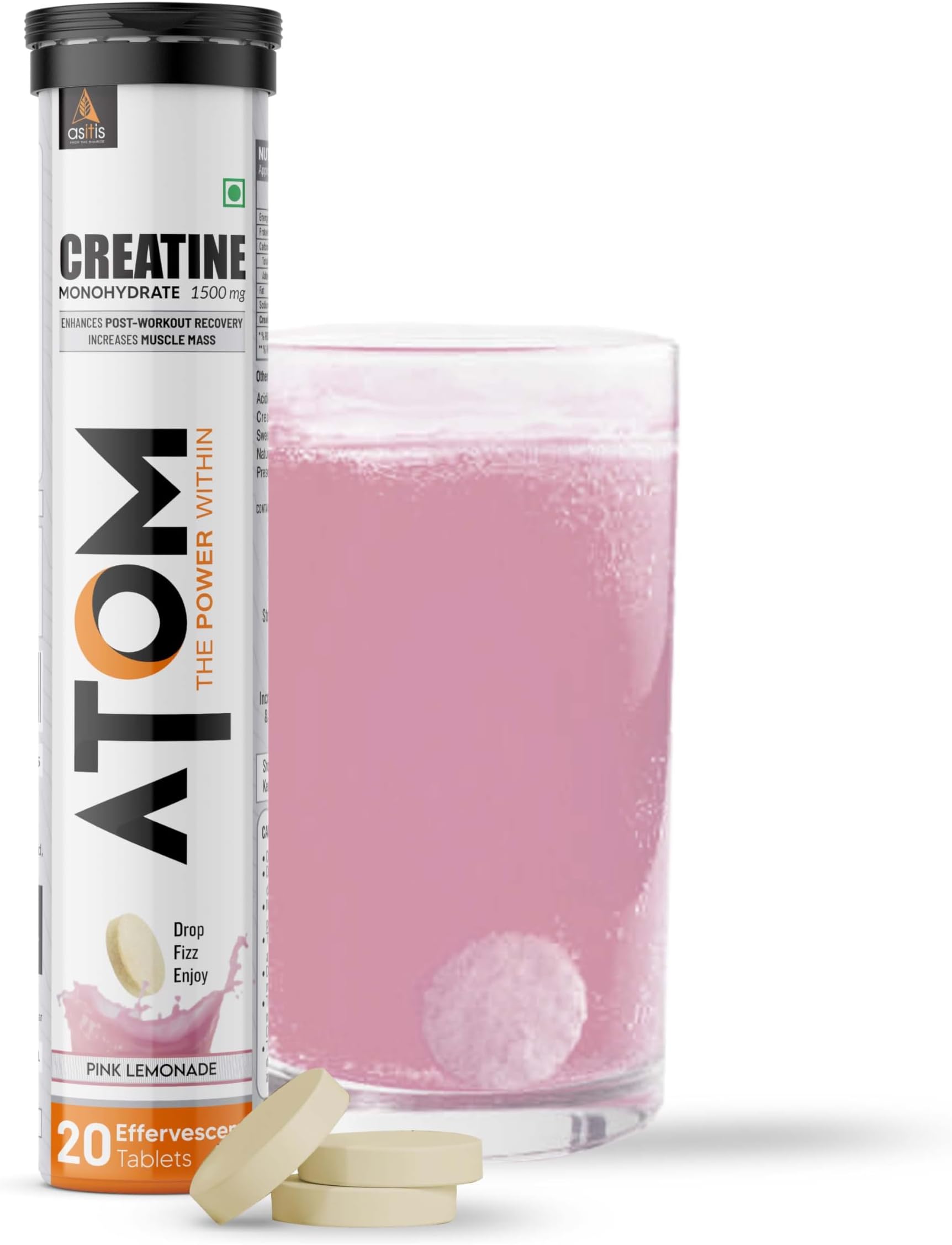AS-IT-IS ATOM Creatine Monohydrate 1500mg Effervescent 20 tablets, Pink Lemonade, Boost Muscle Power