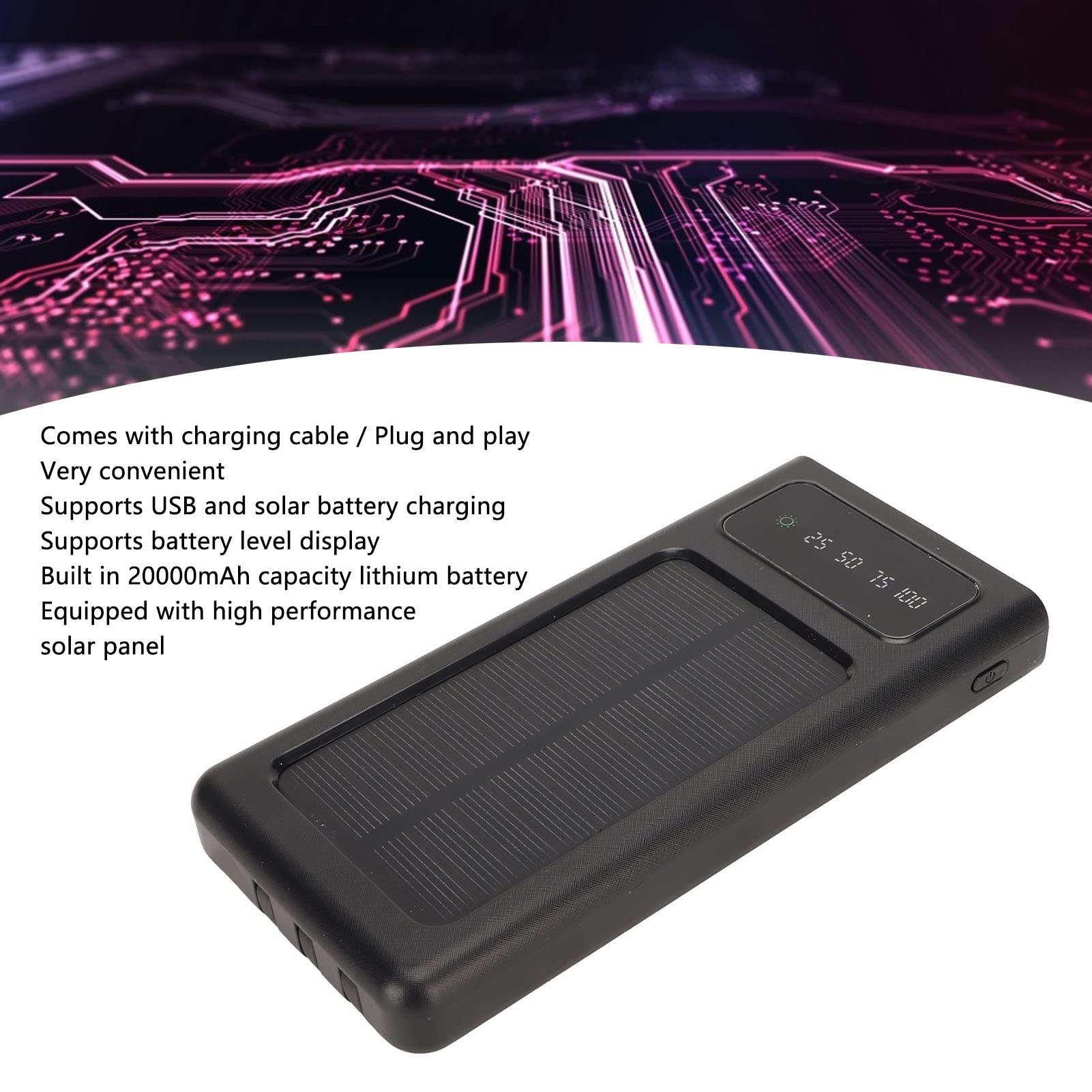 Caricabatterie Solare Power Bank, 20000mAh Caricabatteria Portatile per Telefono Solare con Cavo e Torcia a LED, Caricabatterie per Batteria Mobile per Esterno, Campeggio (Nero)