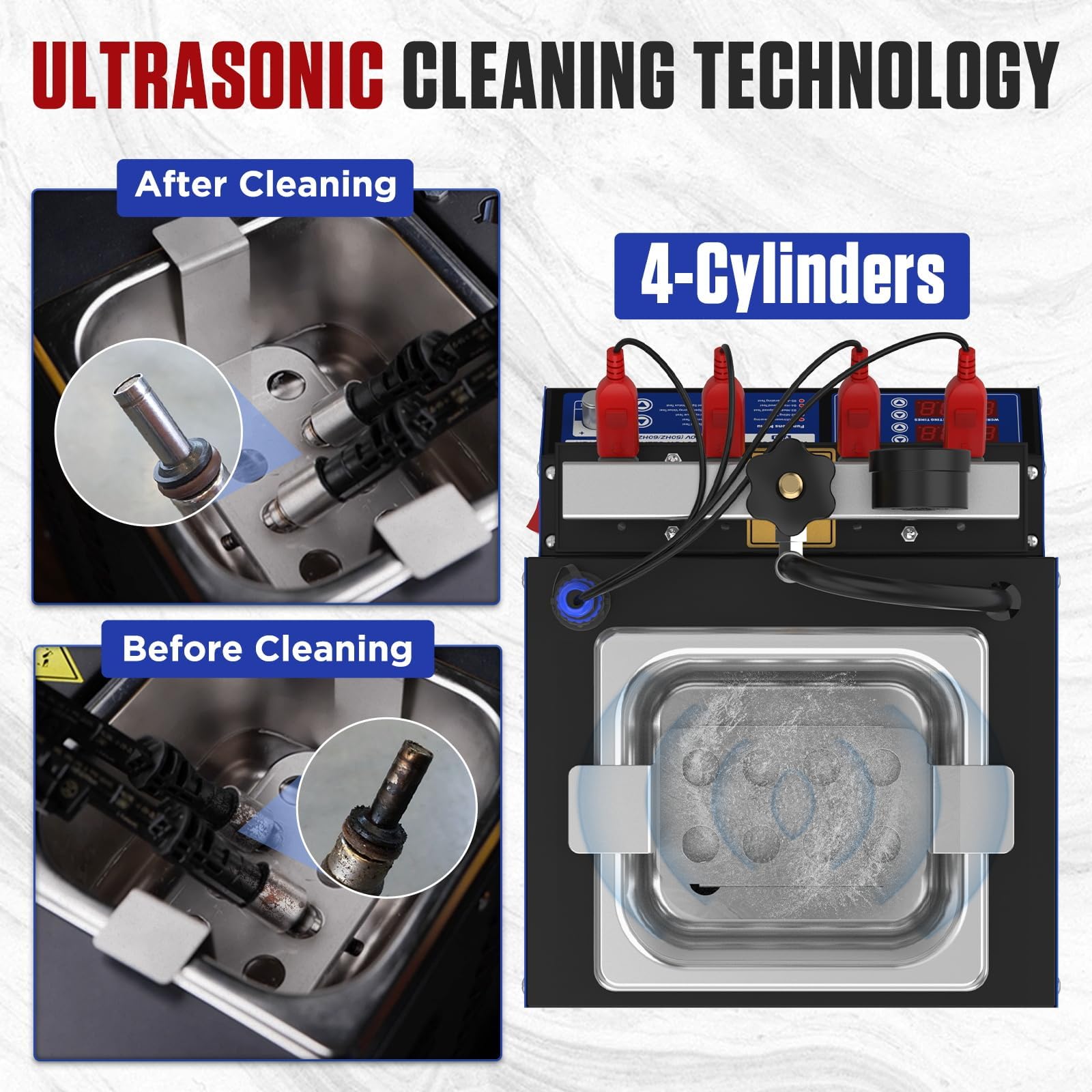 V308 Limpiador de inyectores de combustible, probador de limpieza por ultrasonidos con 9 modos de prueba, sistema de combustible de 4 cilindros, kit de herramientas de limpieza por inyección para