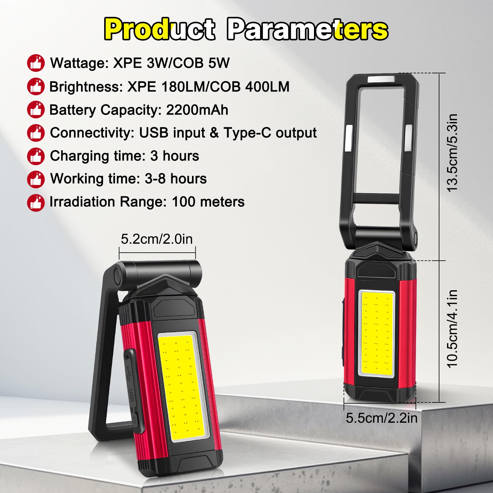 Lampe Travail Led Rechargeable, Baladeuse Led Mecanicien, Lampes d'inspection, Lampe Atelier CoB, Support Rotatif et Crochet Magnétique Pliable, Idéal pour Réparations, Camping Les Urgences, 2 Pièce