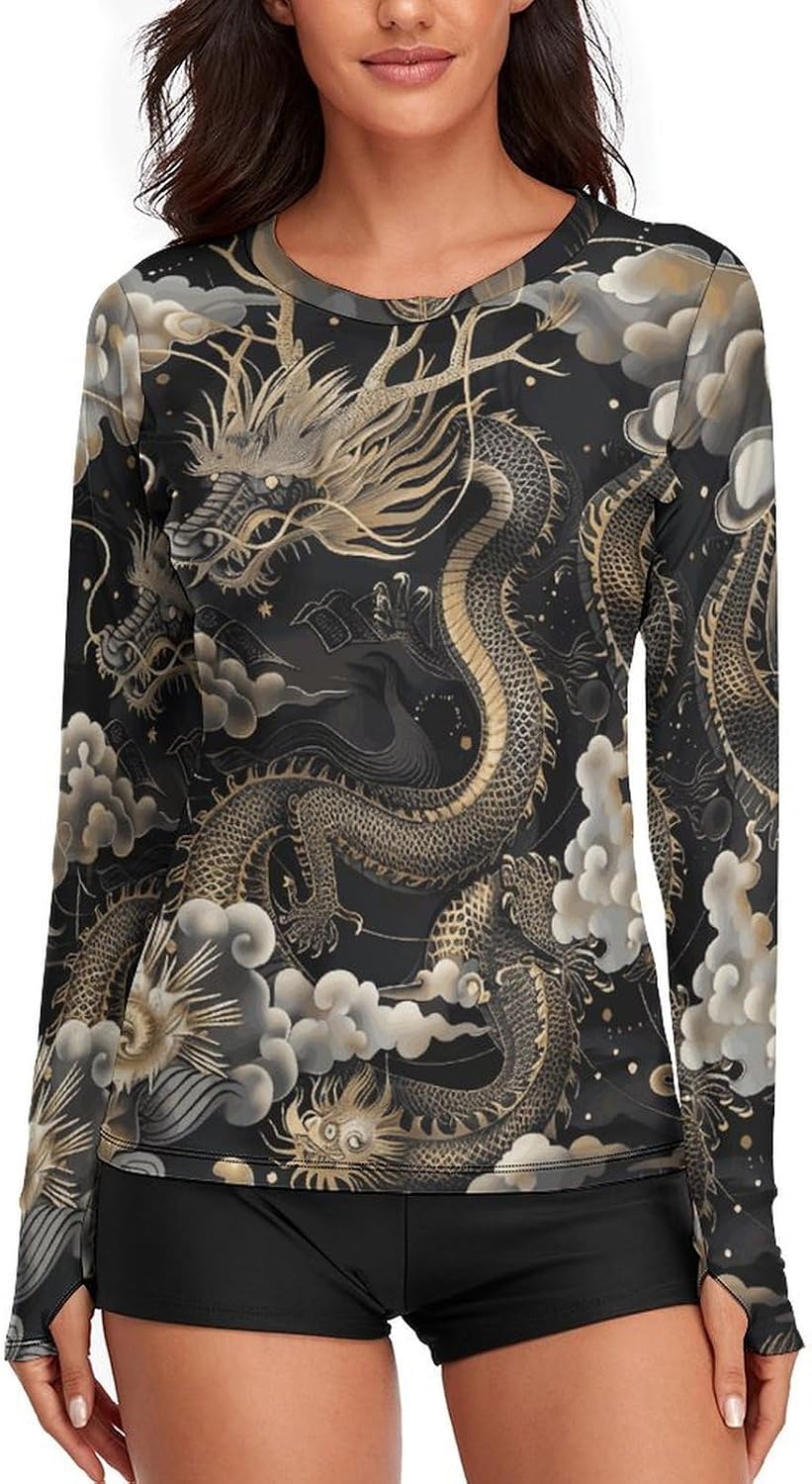 Women Black Chinese Dragon Long Sleeve UPF 50+ UV Shirt Workout Tops Quick Dry Rash Guard Shirt with Thumb Hole
