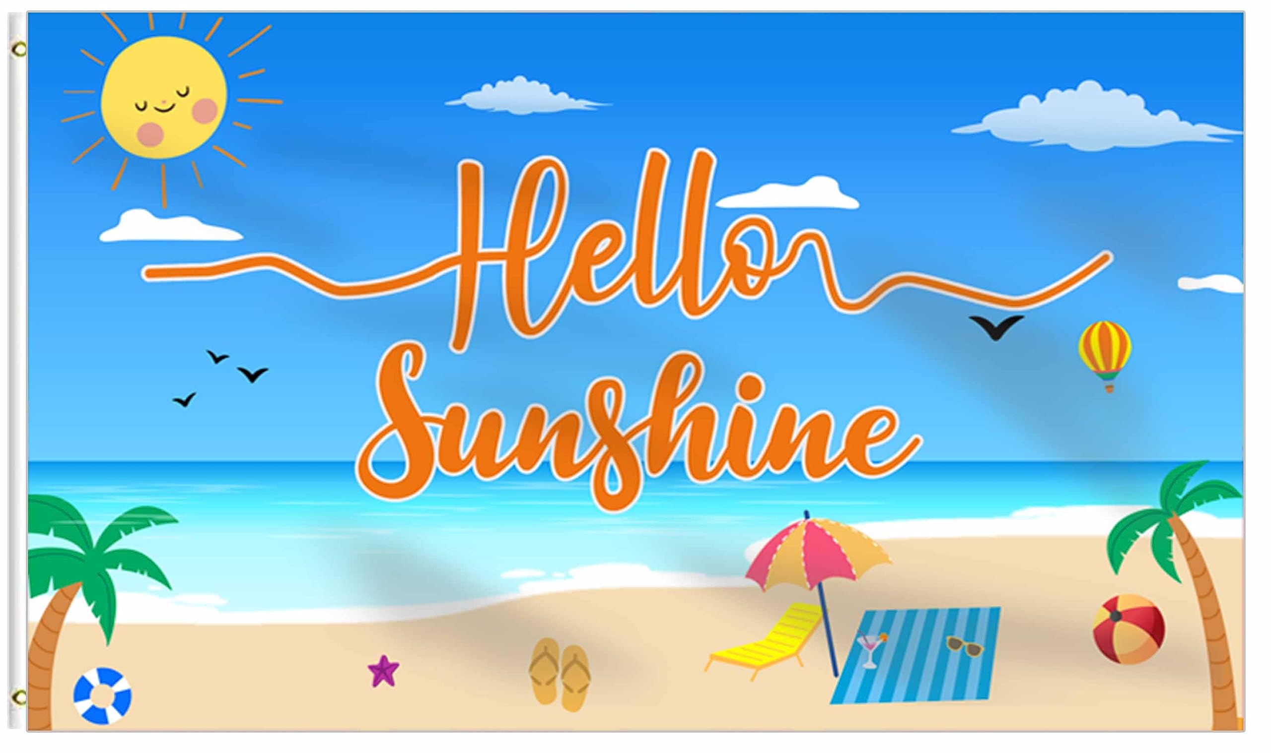 HHERCICIM Hello Sunshine Summer Beach Flag 3x5 Ft,Hello Summer Fall Party Supplies Backdrop House Flag for Holiday Polyester Outdoor Decor with Brass